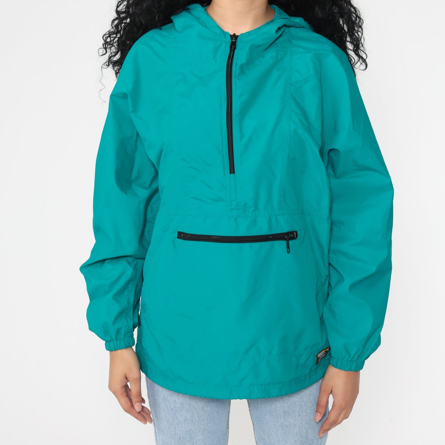 LL Bean Teal Hooded Windbreaker Half-Zip Pullover Jacket 90s Medium