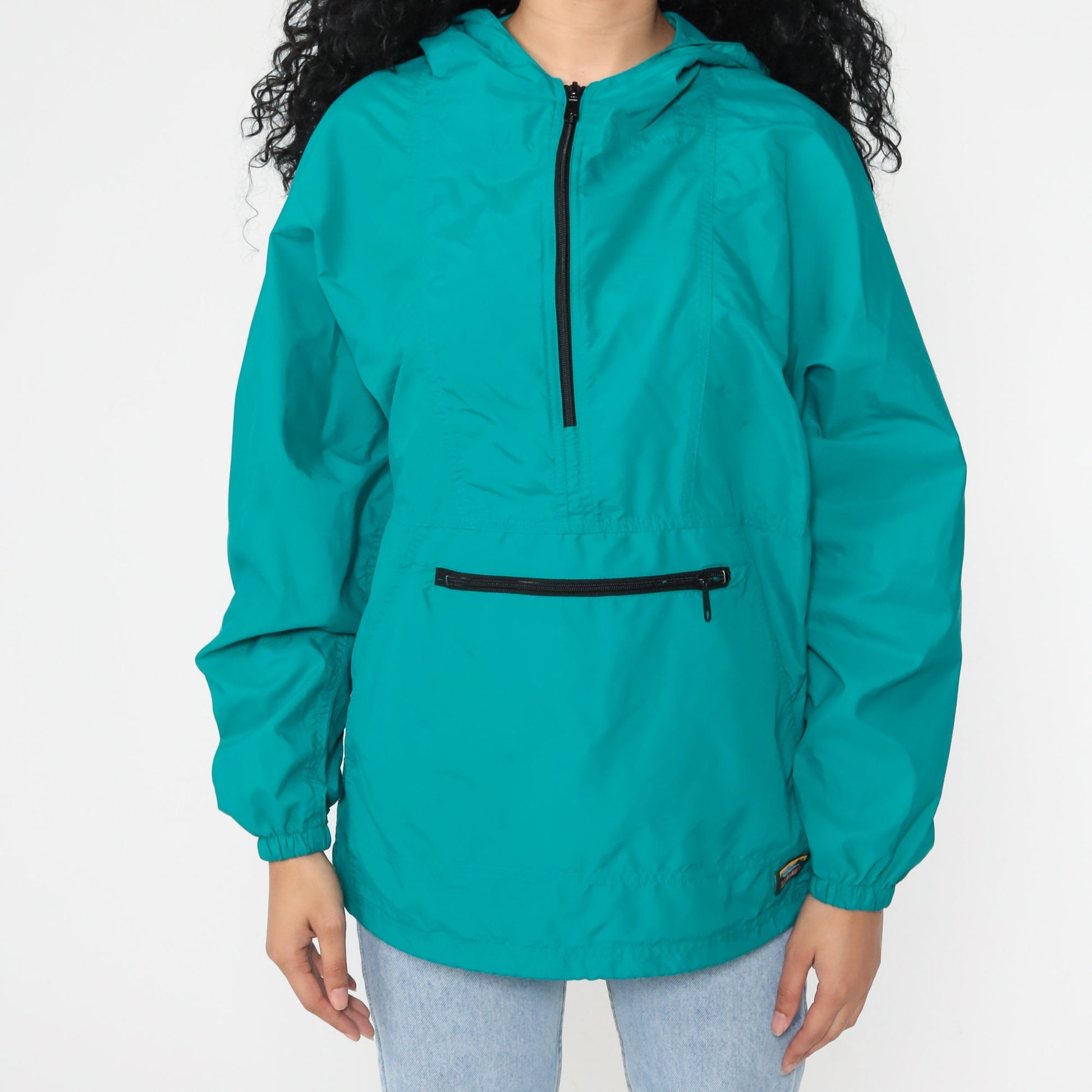 LL Bean Teal Hooded Windbreaker Half-Zip Pullover Jacket 90s Medium