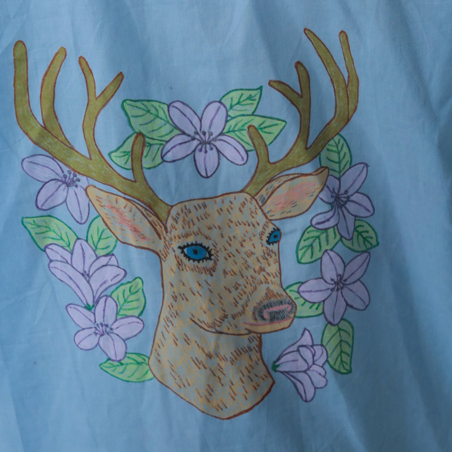 70s Western Pearl Snap Shirt Blue Deer Floral Hand Drawn Cotton Large