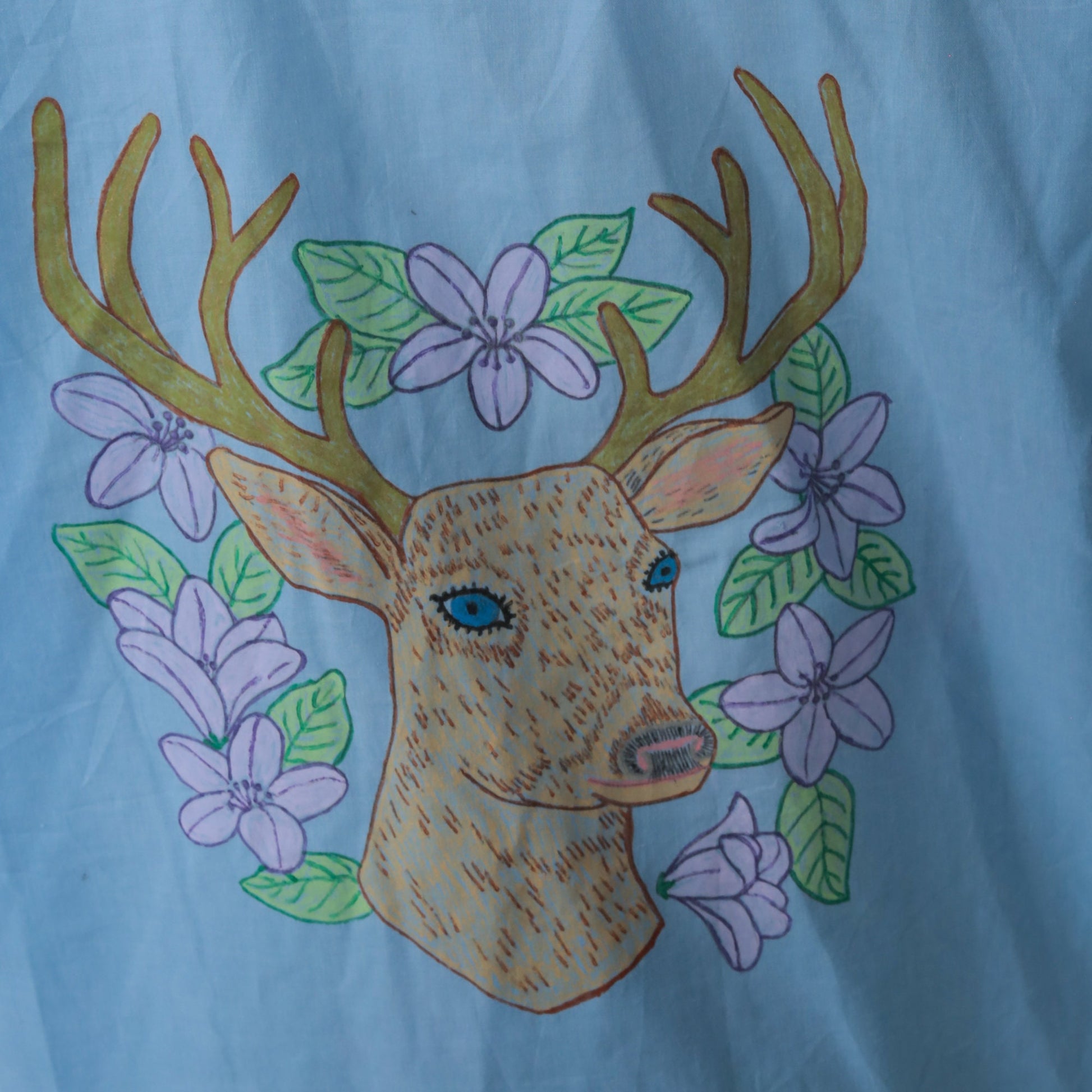 70s Western Pearl Snap Shirt Blue Deer Floral Hand Drawn Cotton Large