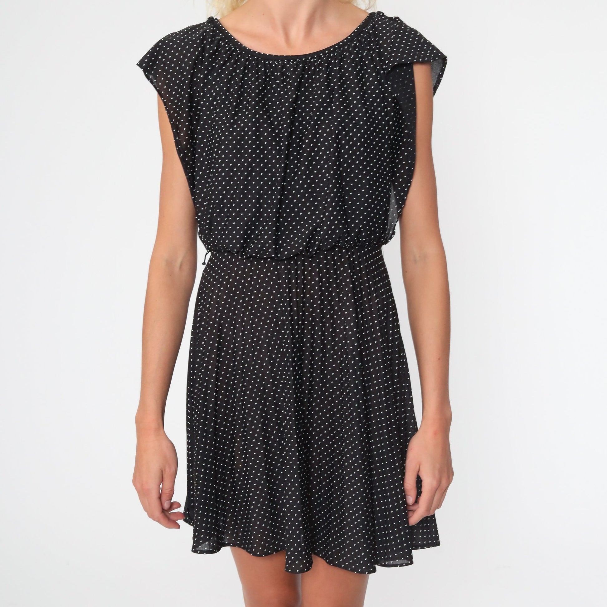 70s Black Polka Dot Mini Dress Flutter Sleeve High Waist Extra Small