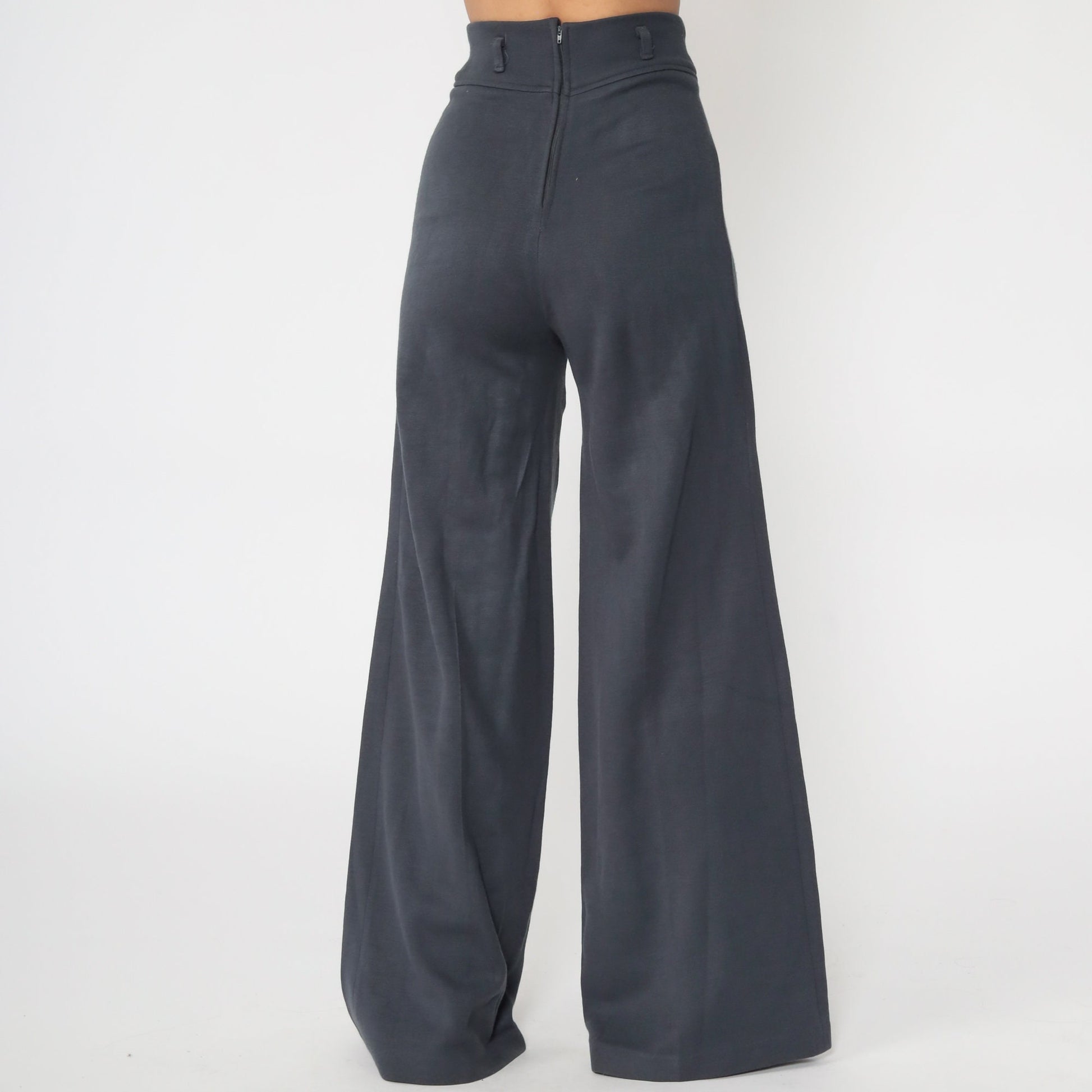 70s Grey Bell Bottom Pants High Waist Wide Leg Knit Trousers Extra Small XS