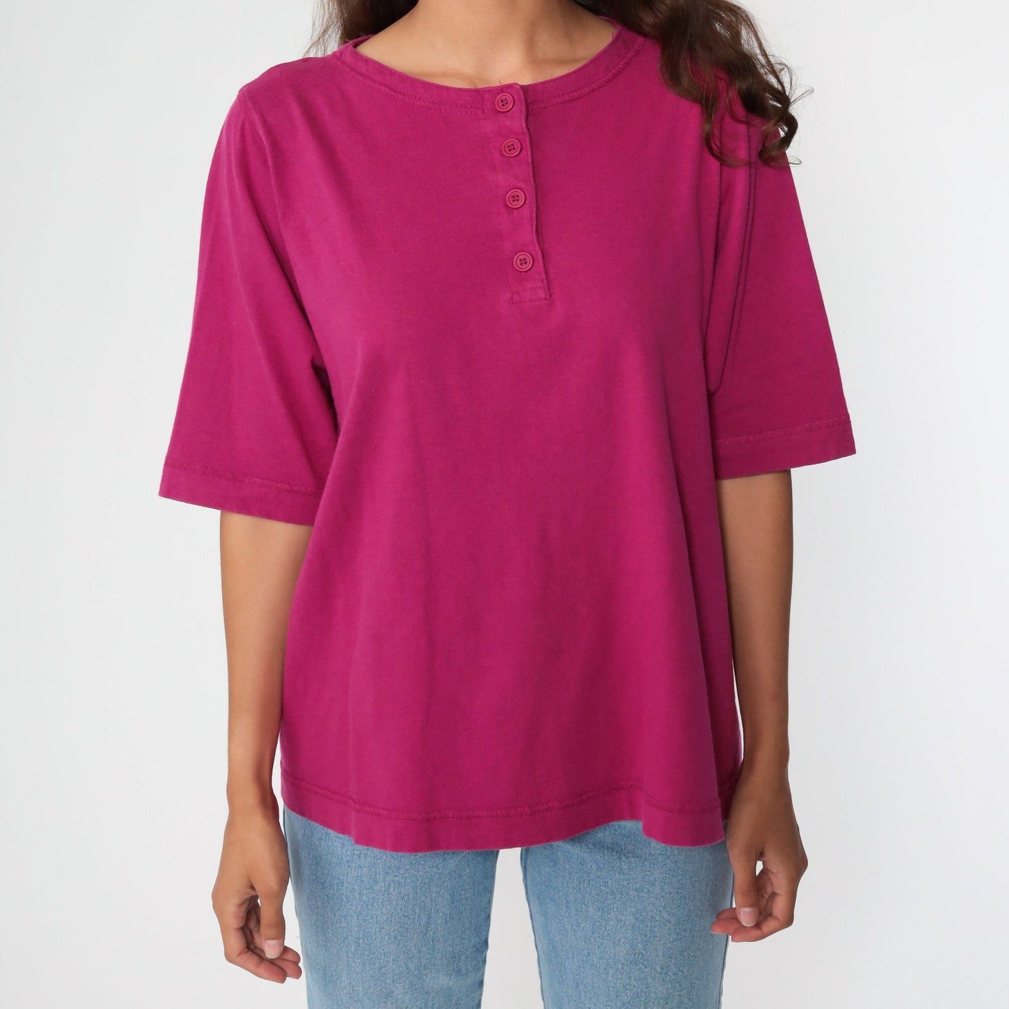 80s Deep Pink Half-Button Polo Shirt Cotton Blend Short Sleeve Large