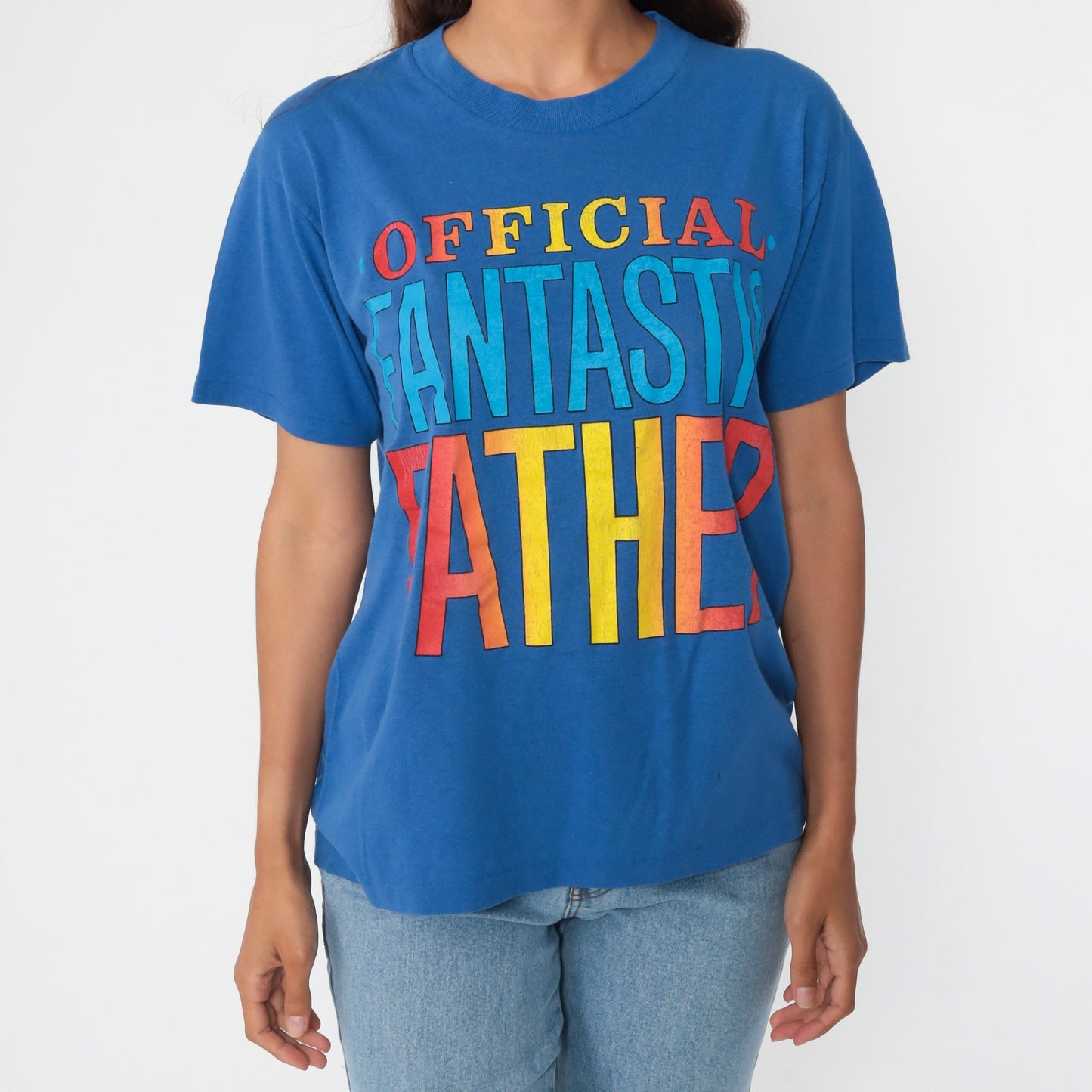 80s Official Fantastic Father Graphic T-Shirt Blue Single Stitch Small