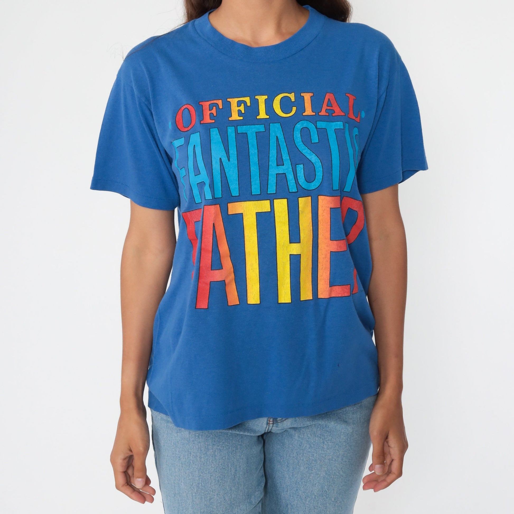 80s Official Fantastic Father Graphic T-Shirt Blue Single Stitch Small