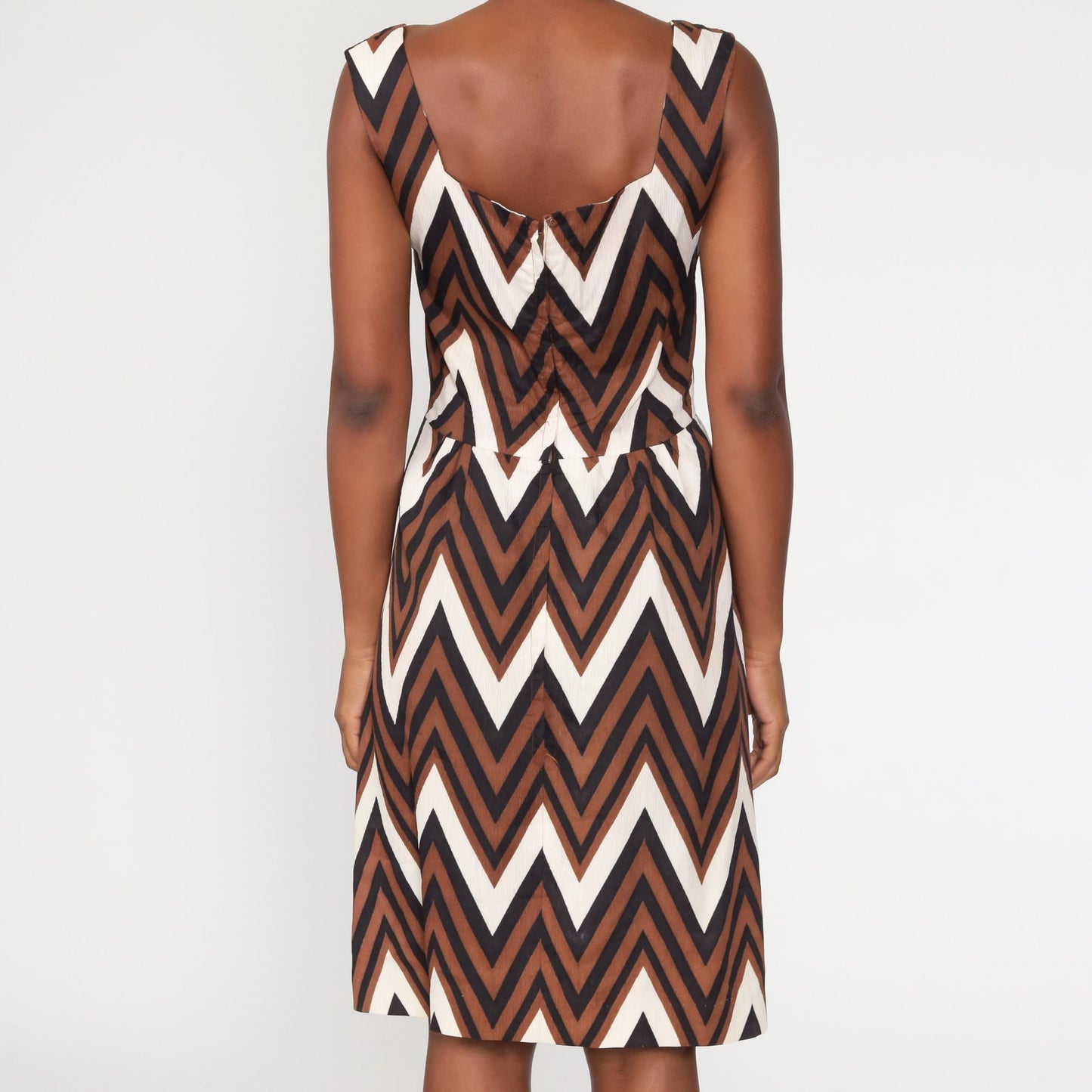 1970s Zigzag Striped Midi Dress Brown Black High Waist Sleeveless Small