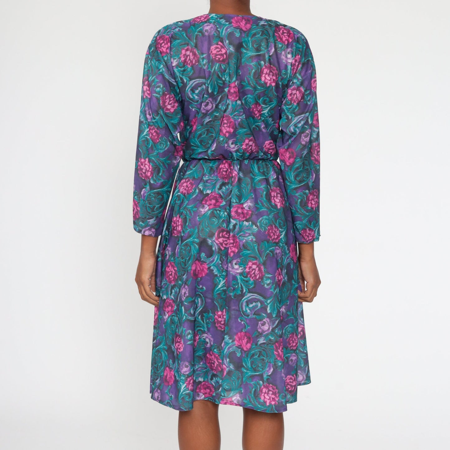 1970s Purple Floral Midi Dress High Waist Long Sleeve Button Front Medium