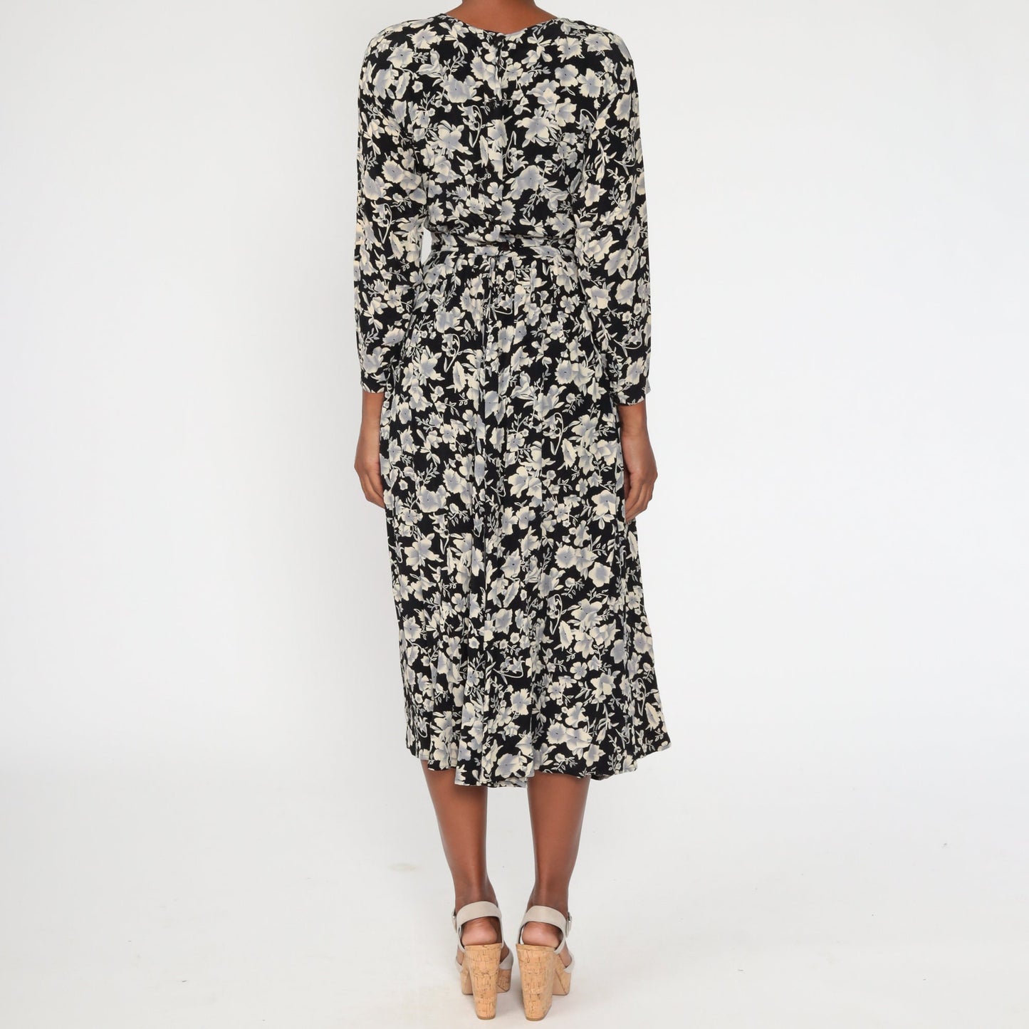 80s Black Floral Midi Dress Button Back Long Sleeve High Waisted Extra Small