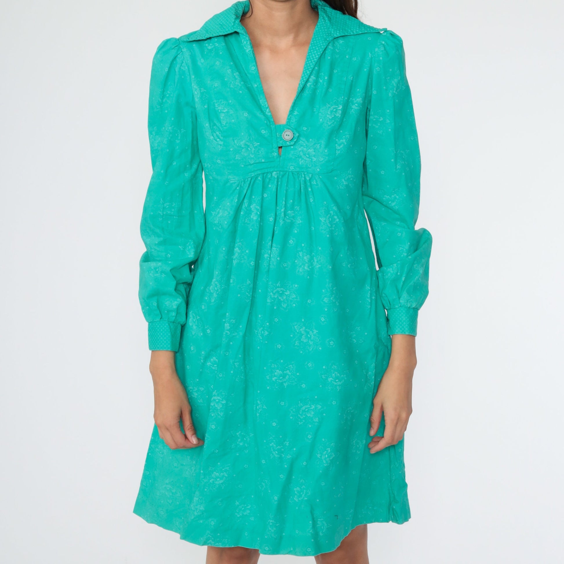 60s Green Floral Babydoll Dress Puff Sleeve Mini Empire Waist Small