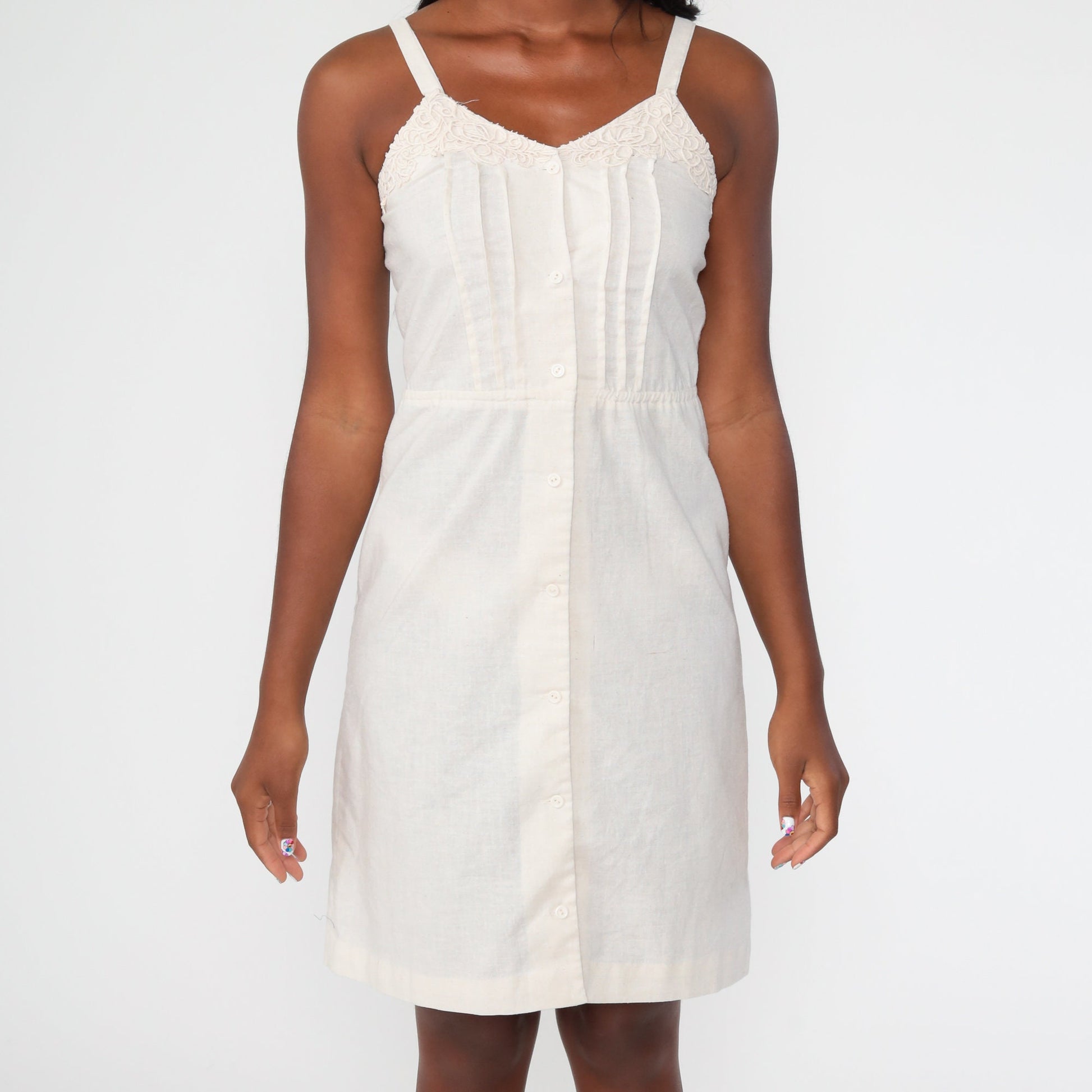 70s Cream Cotton Sundress High Waist Button Front Mini Lace Trim Extra Small