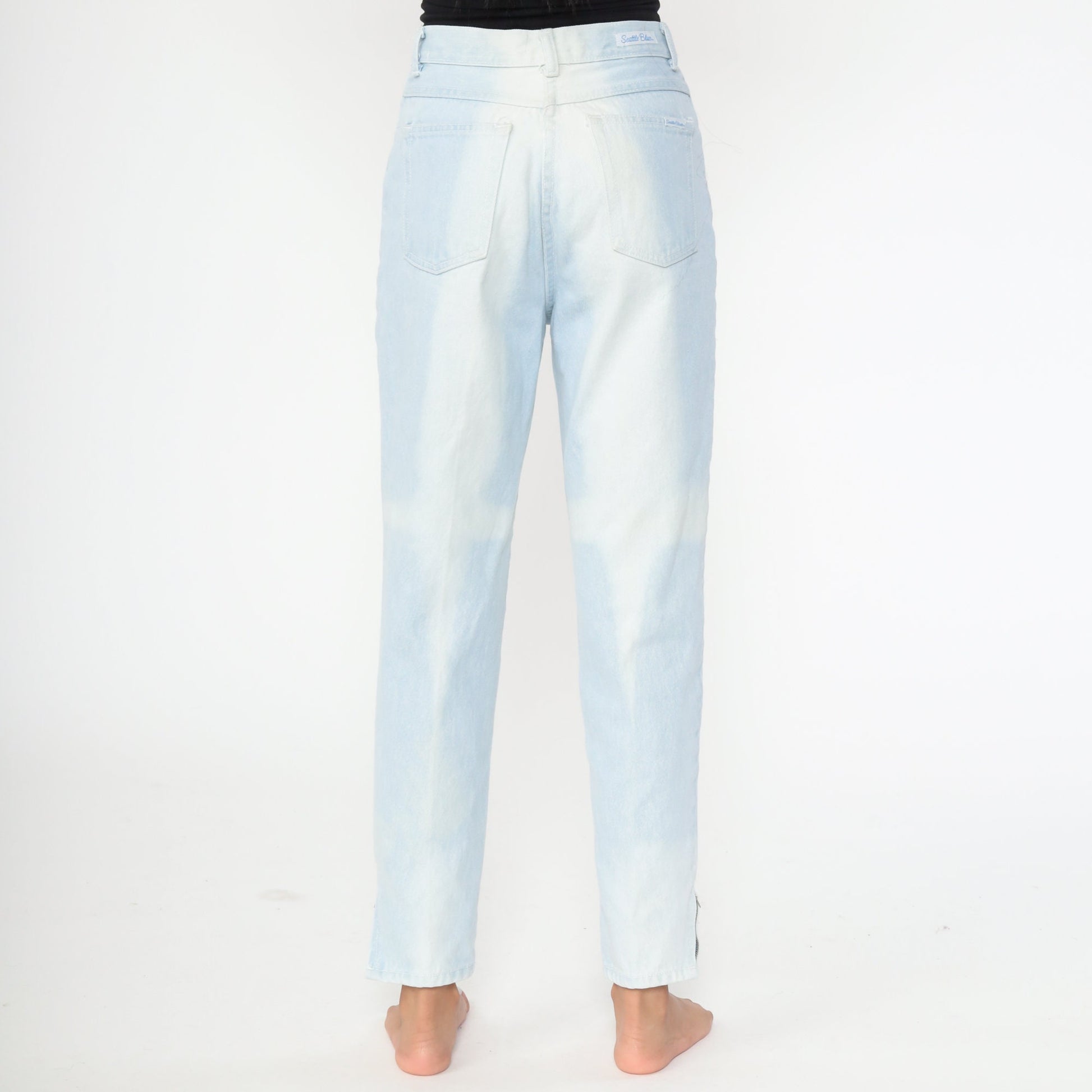 90s Bleach Dyed High Waist Jeans Light Blue Slim Ankle Zipper Small