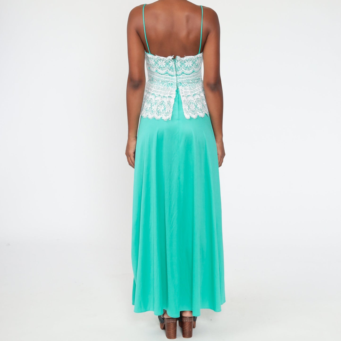 70s Green Lace Maxi Dress Spaghetti Strap Low Waist Extra Small