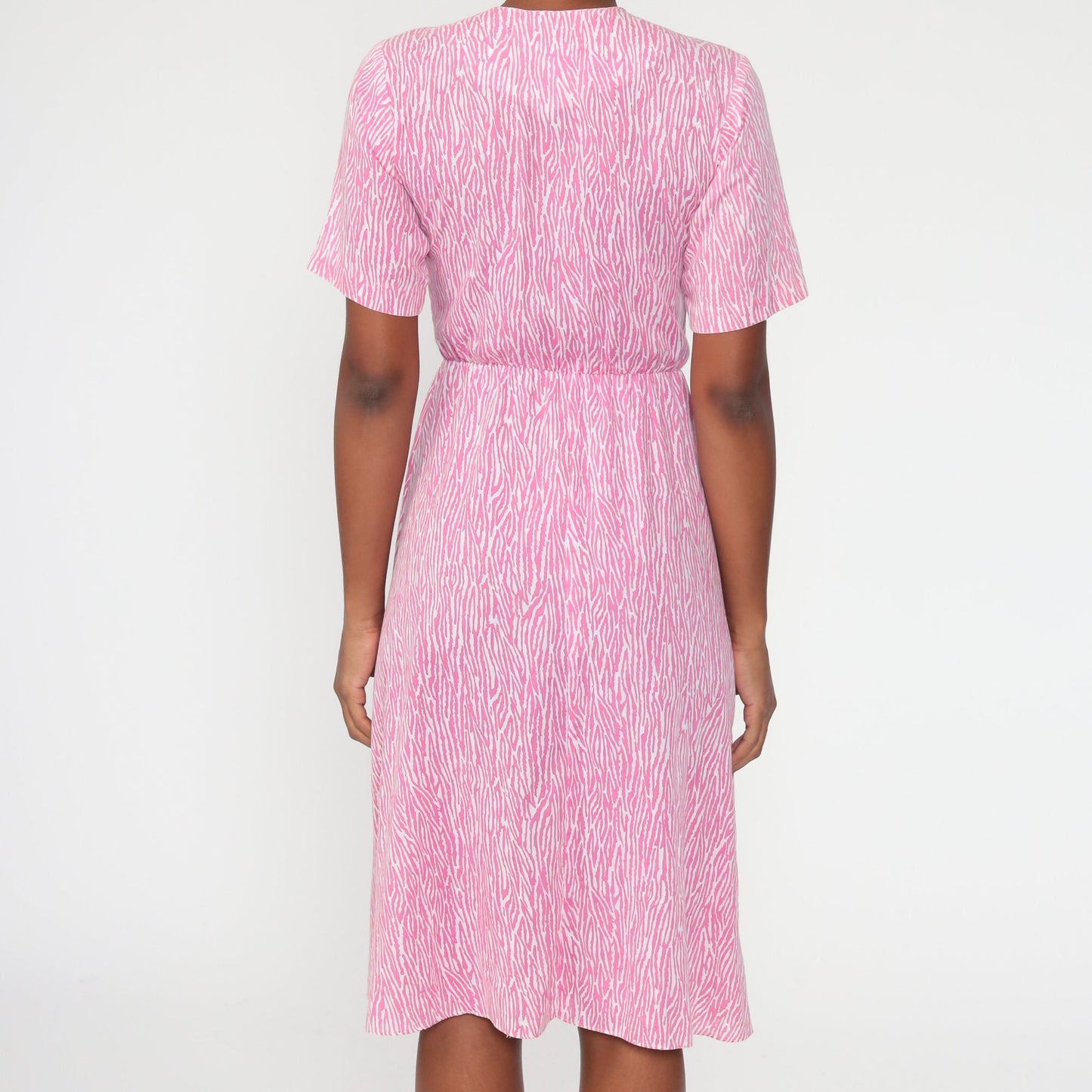 70s Tiger Stripe Print Midi Shirtdress Pink High Waist Button Up Small