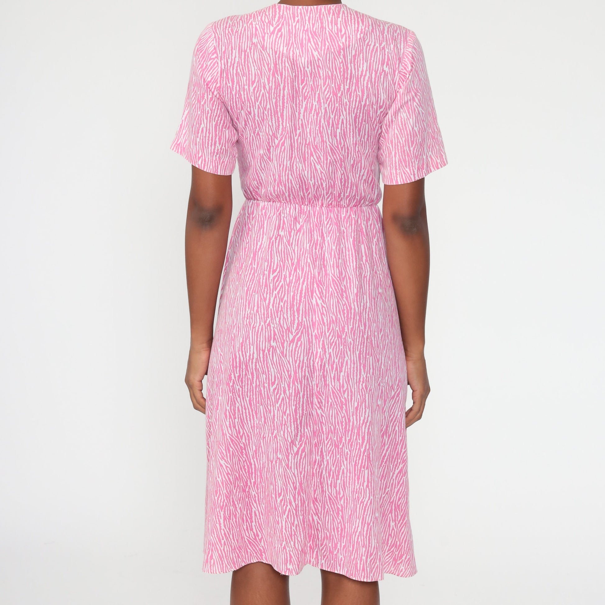 70s Tiger Stripe Print Midi Shirtdress Pink High Waist Button Up Small