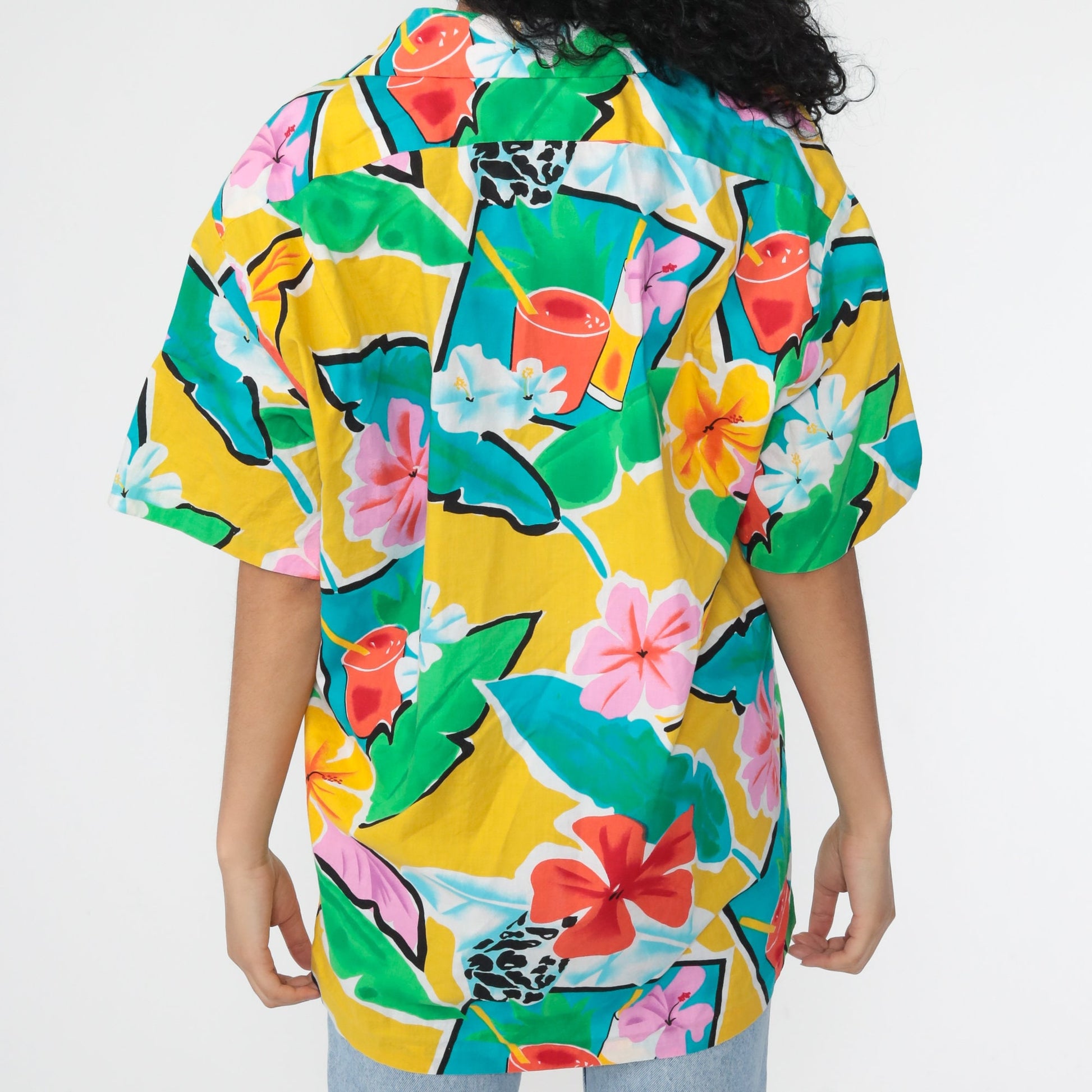 80s Hilo Hattie Hawaiian Shirt Tropical Floral Cocktail Print Button Up Extra Large