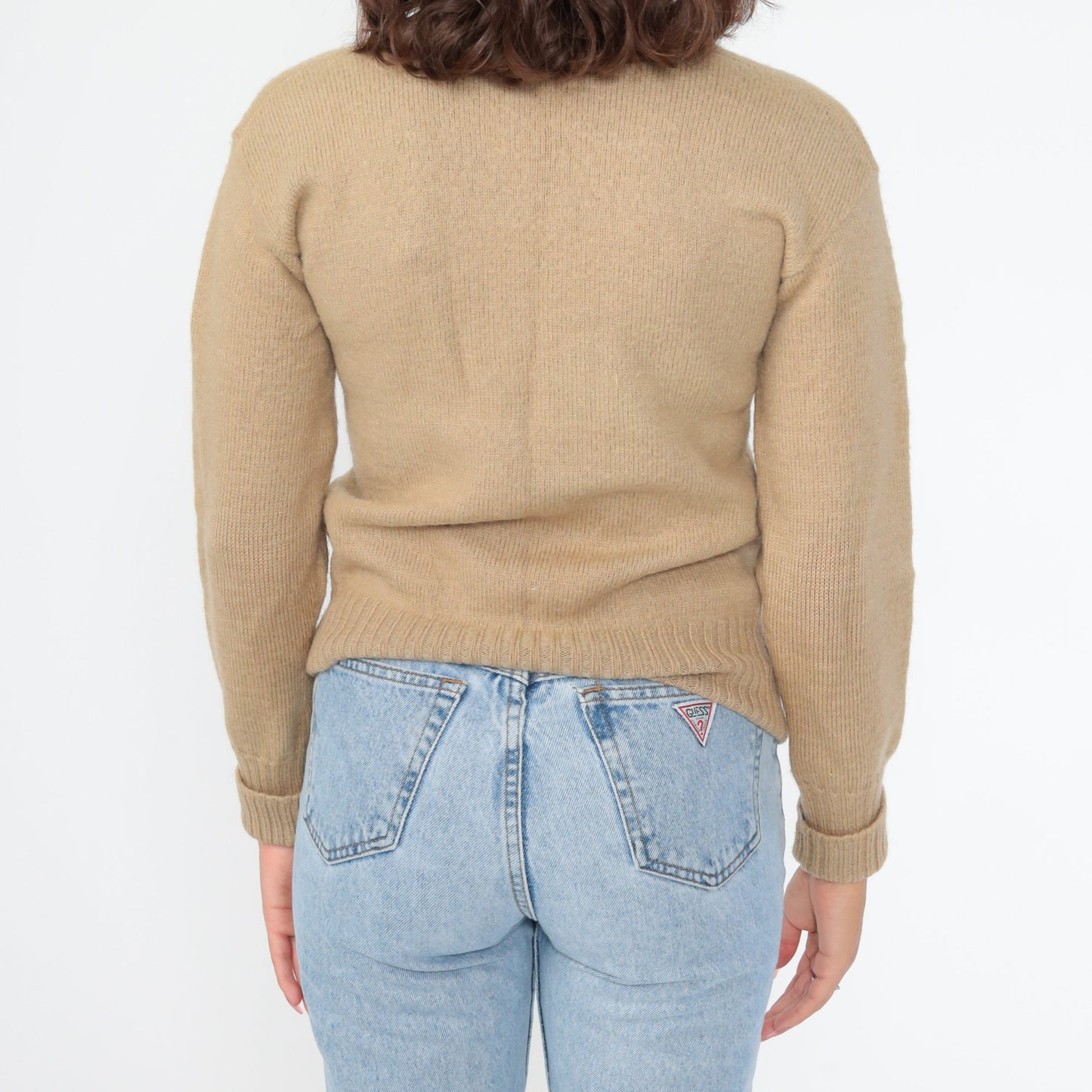 80s Wool V-Neck Sweater Tan Pullover Knit Extra Small XS