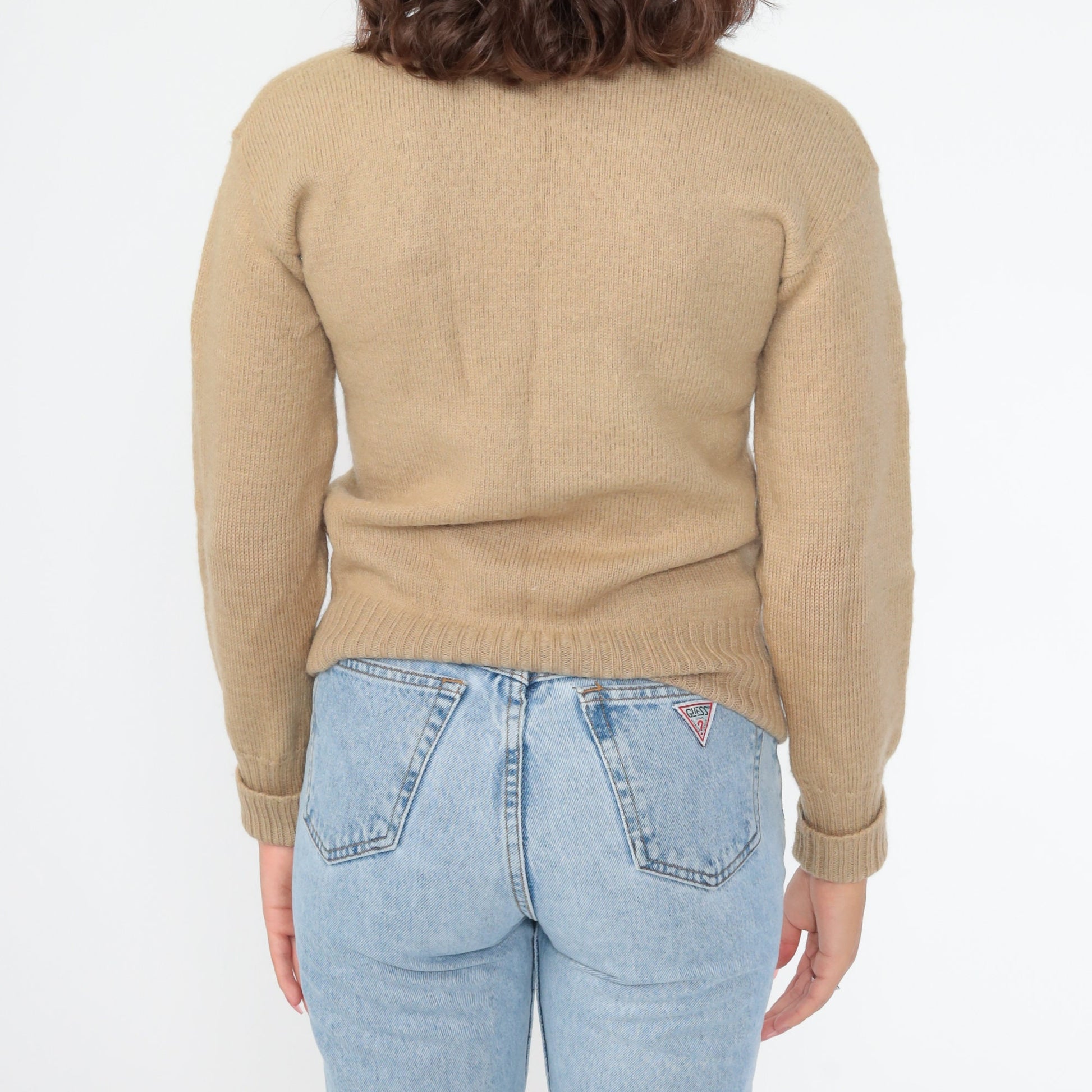 80s Wool V-Neck Sweater Tan Pullover Knit Extra Small XS