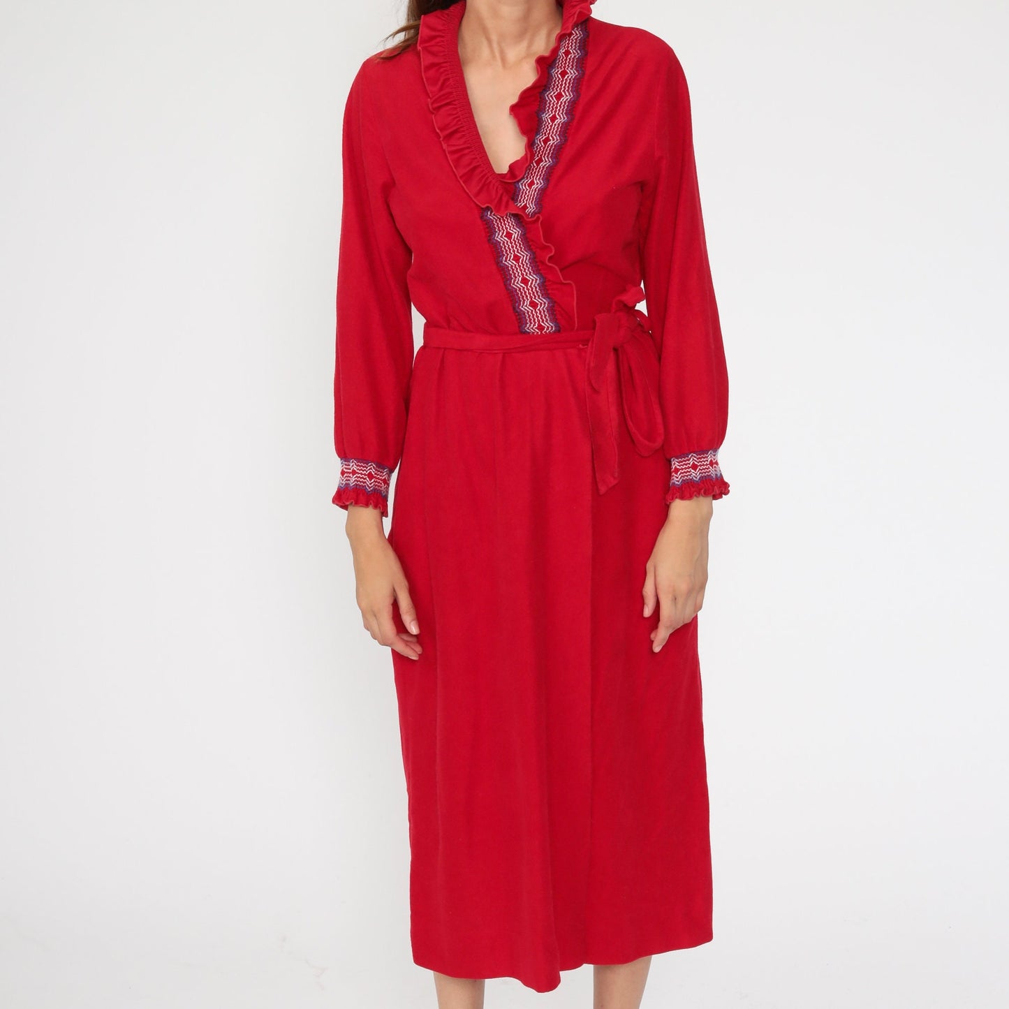 70s Anne Leslie Red Wrap Maxi Robe Dress Belted Loungewear Small Medium