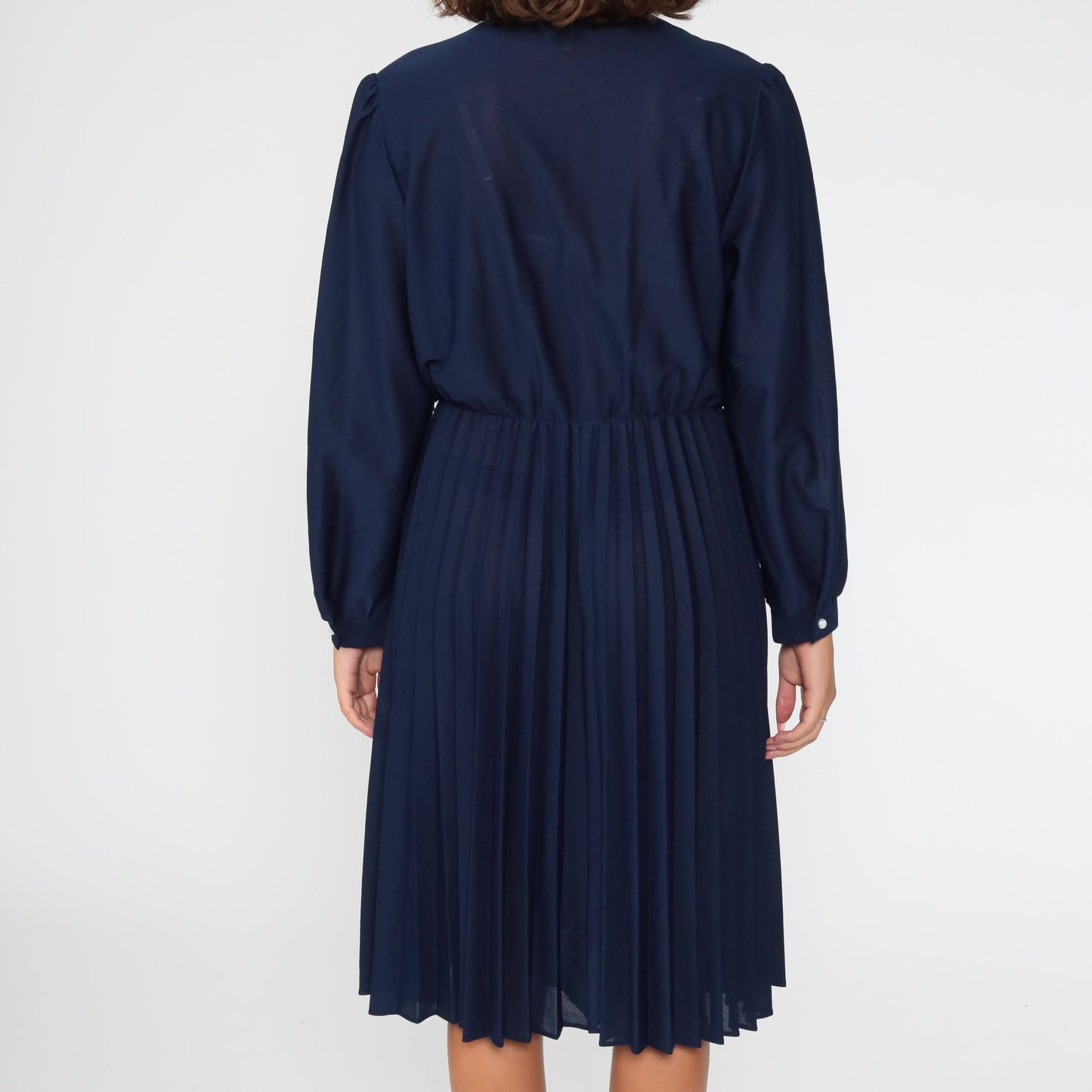 80s Navy Puff Sleeve Midi Dress High Waist Pleated Elastic Waist Medium