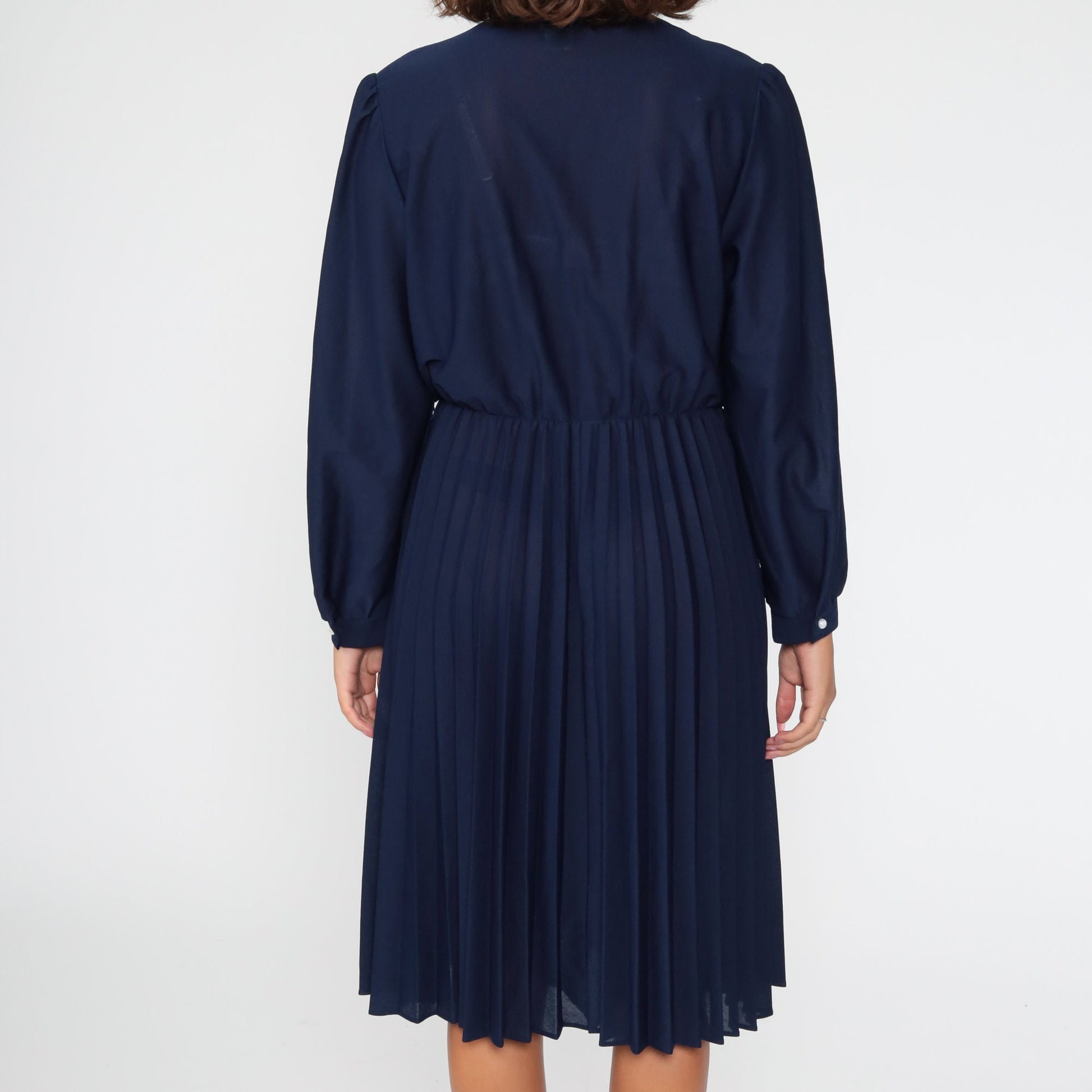 80s Navy Puff Sleeve Midi Dress High Waist Pleated Elastic Waist Medium