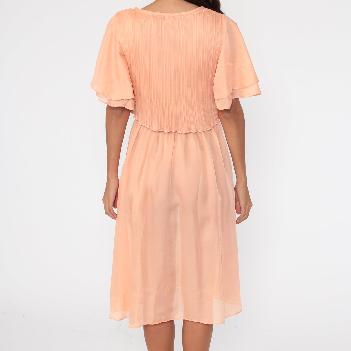 70s Orange Grecian Midi Dress Flutter Sleeve High Waist Small