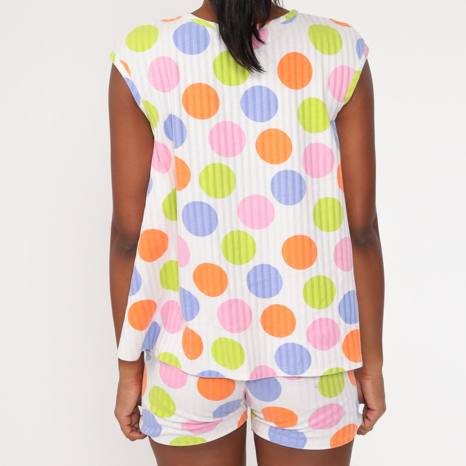 80s Polka Dot Two Piece Romper Set Button Up Blouse Shorts Small