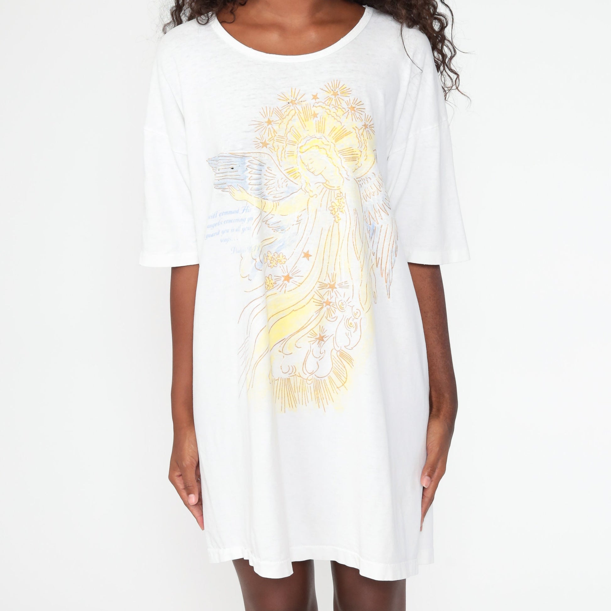 80s Angel Psalm 91:11 Christian T Shirt Dress White Cotton Mini
