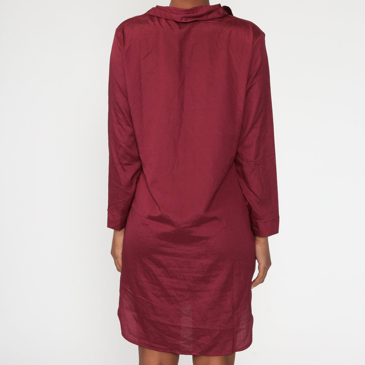 80s Burgundy Button-Up Shift Dress Long Sleeve Mini Medium