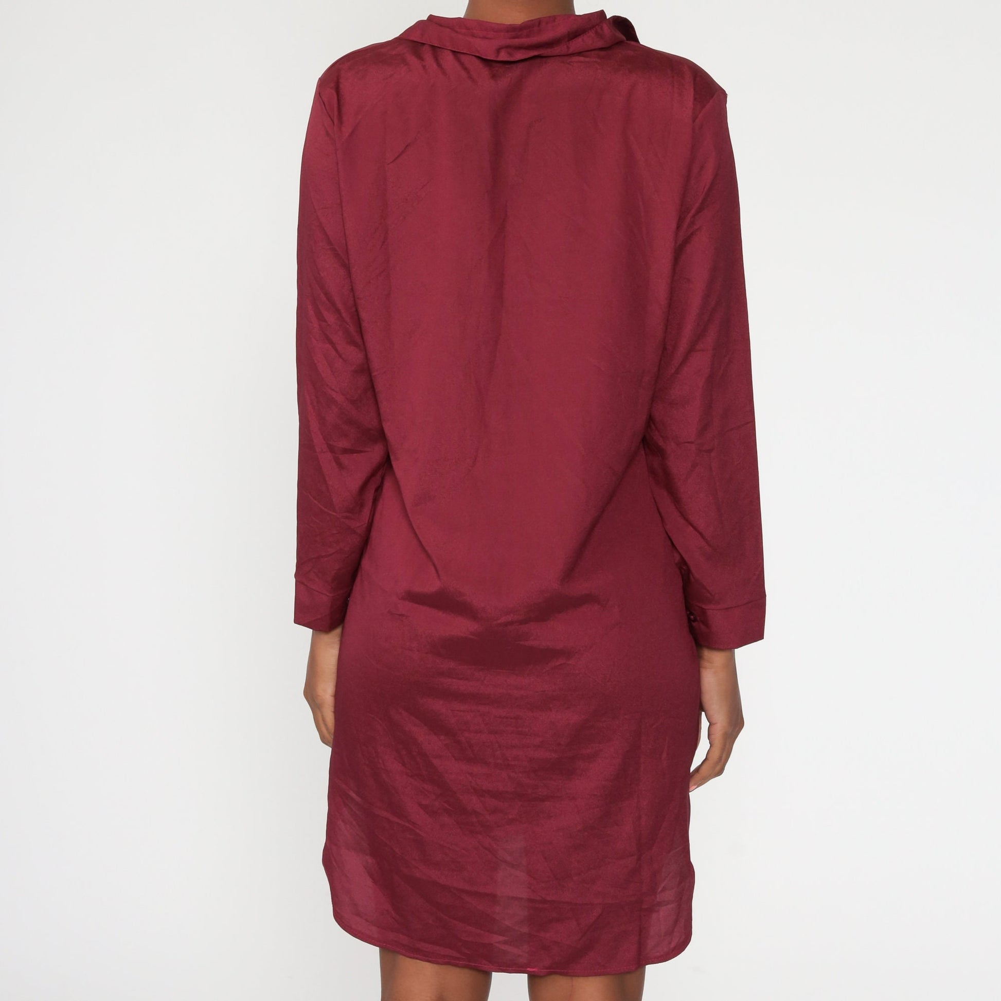80s Burgundy Button-Up Shift Dress Long Sleeve Mini Medium