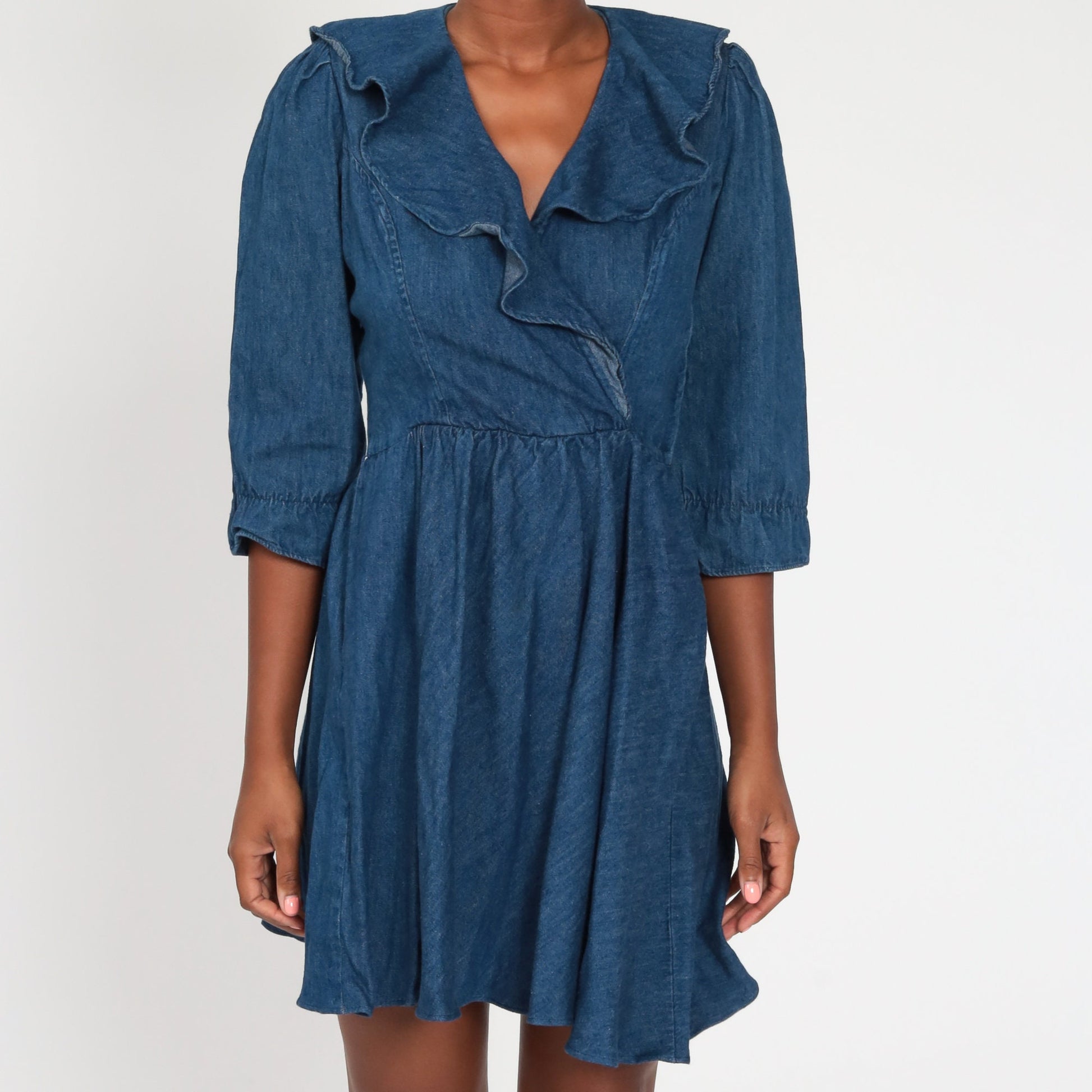 70s Denim Mini Dress Puff Sleeve V Neck High Waisted Blue Chambray Extra Small
