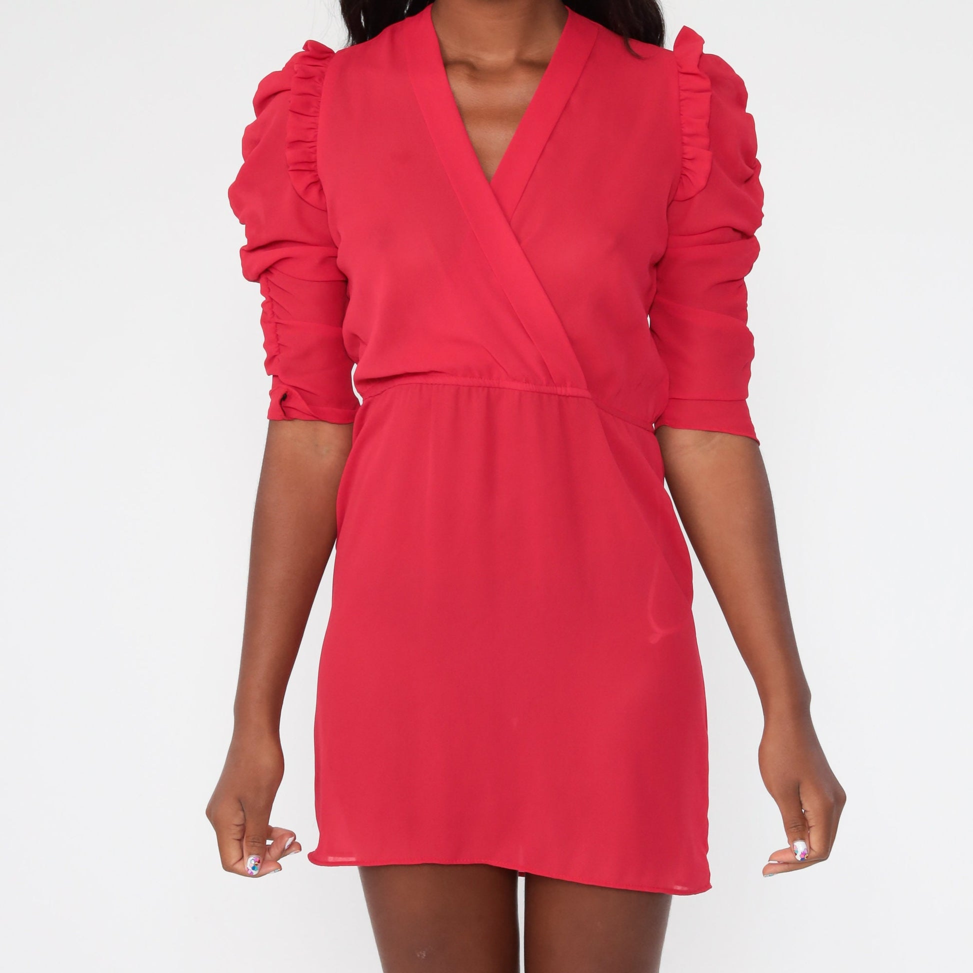 80s Cherry Red Puff Sleeve Mini Dress Wrap V-Neck Ruffled Small