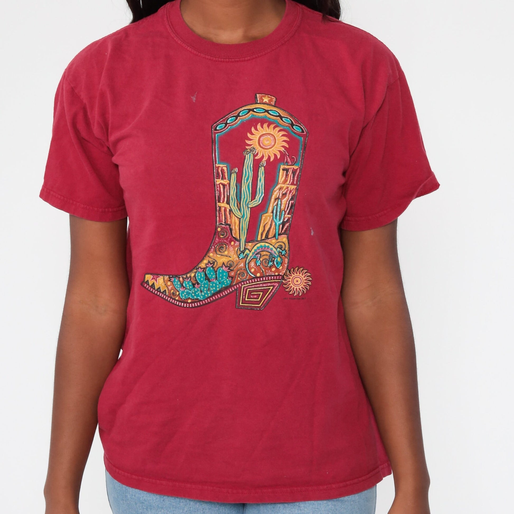 80s Cactus Cowboy Boot Desert Graphic T-Shirt Red Southwestern Medium