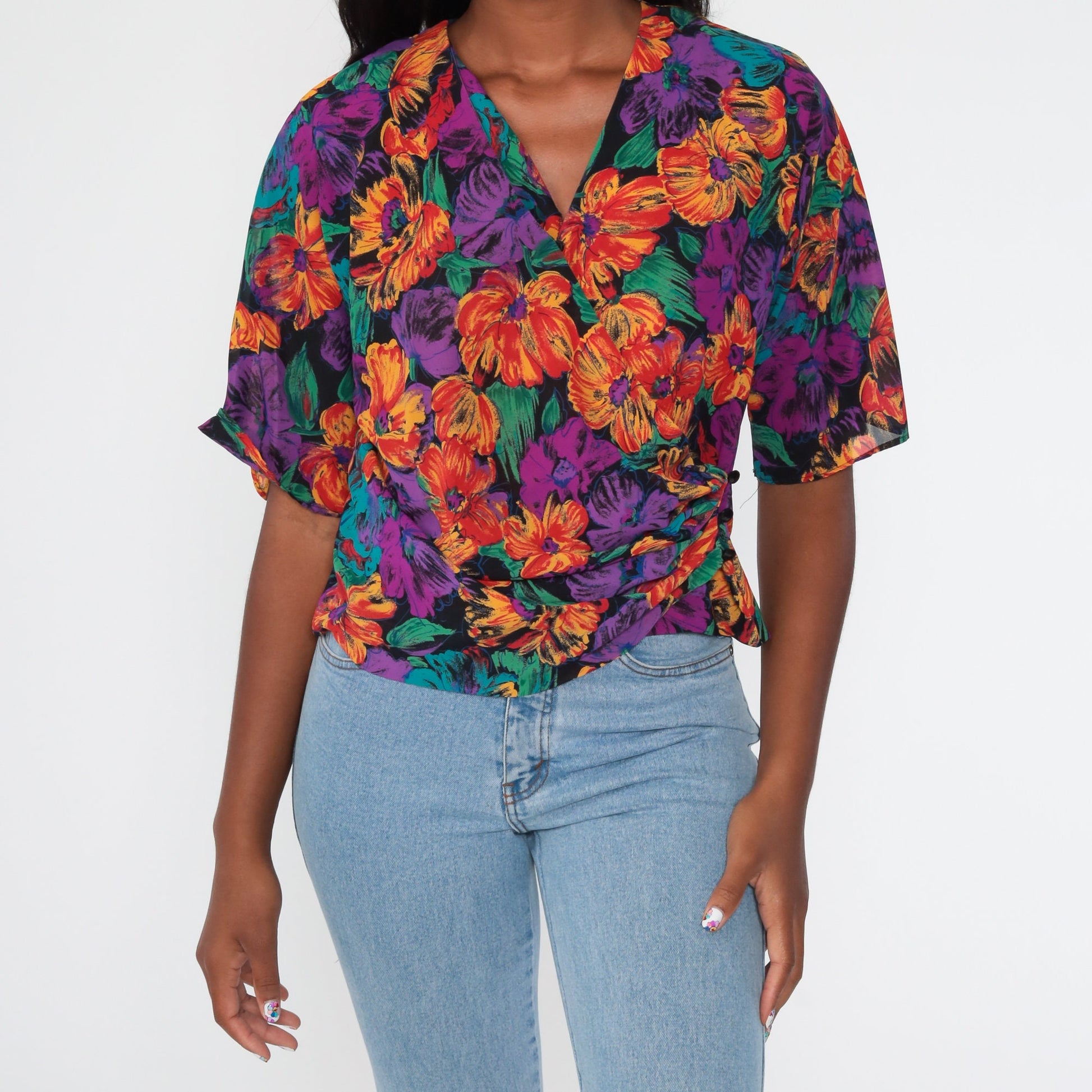 80s Toni Petite Floral Wrap Crop Top Purple Tropical Blouse Medium