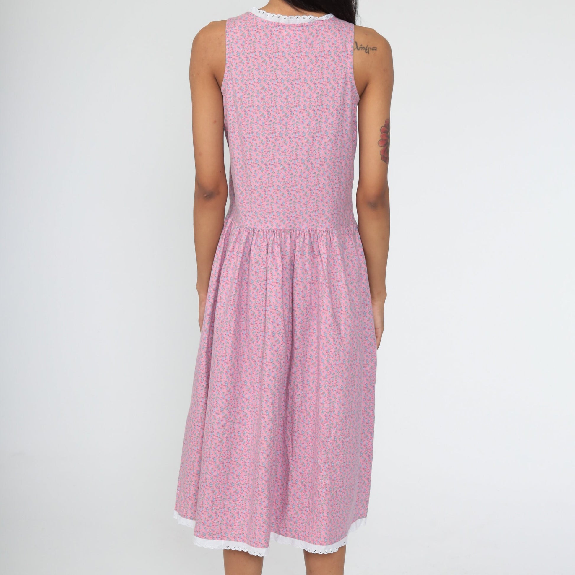 80s Calico Floral Midi Dress Pink Eyelet Lace Drop Waist Sleeveless Extra Small