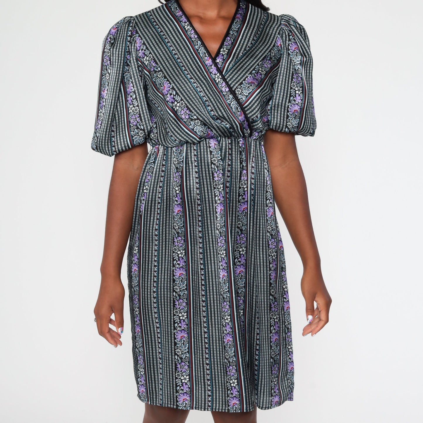 1970s Striped Floral Midi Dress Purple Black V-Neck Puff Sleeve High Waist Small