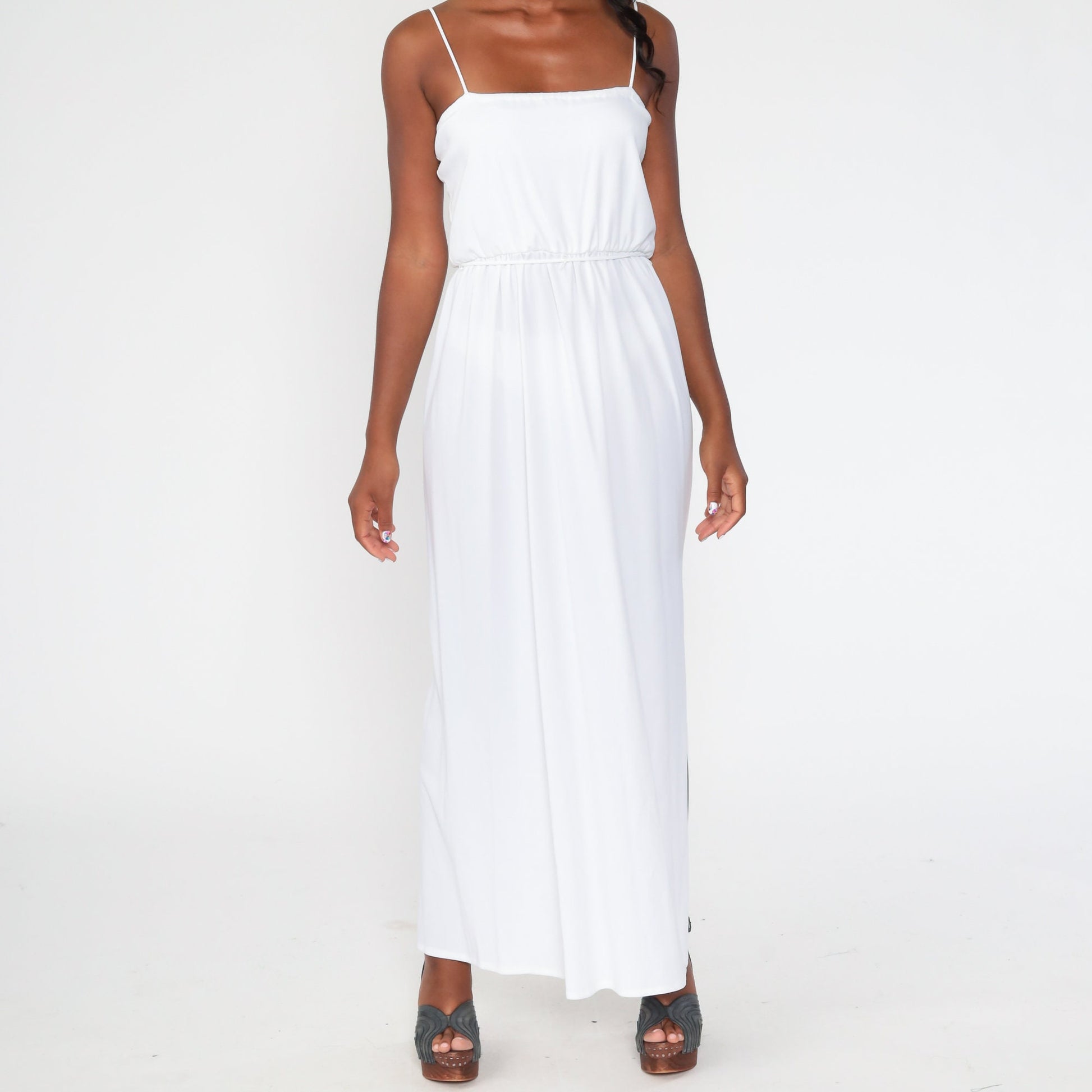 70s White Maxi Dress Spaghetti Strap High Waist Side Slit Small