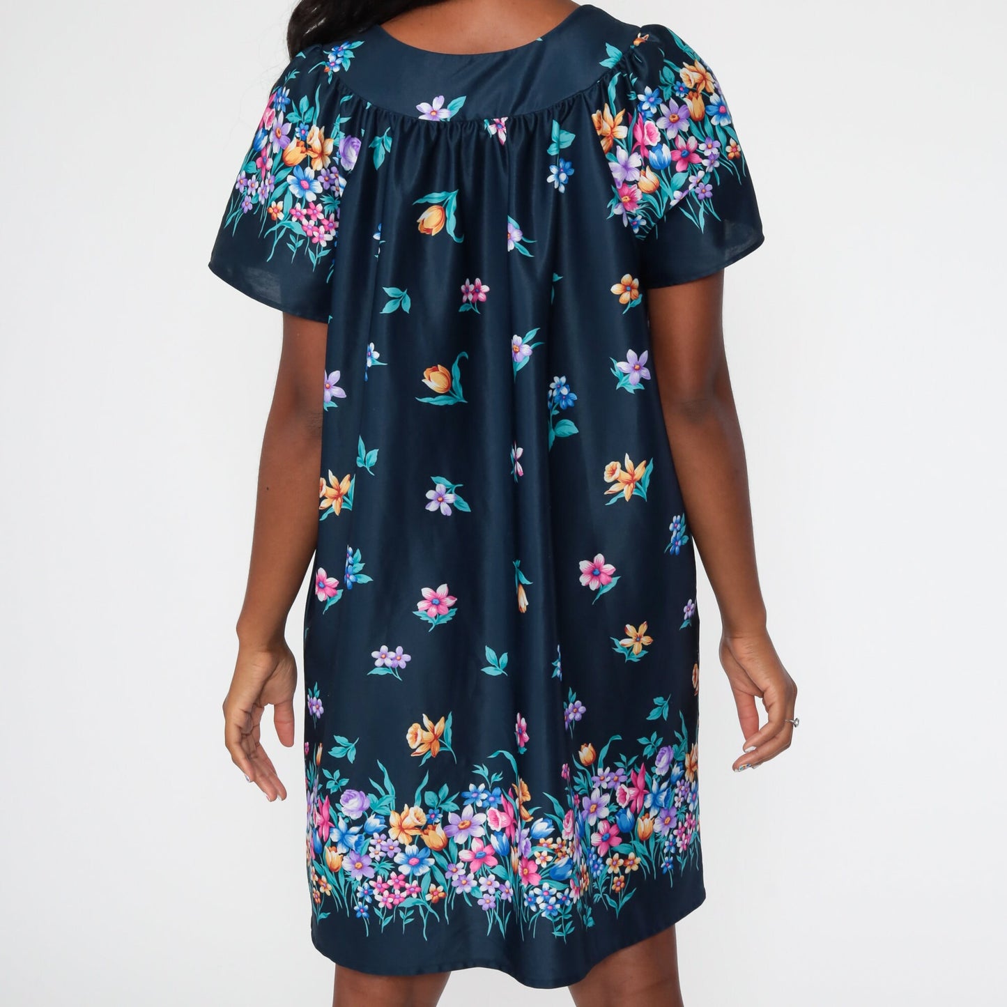 00s Blue Floral Tent Dress Mini Short Sleeve Shift Medium