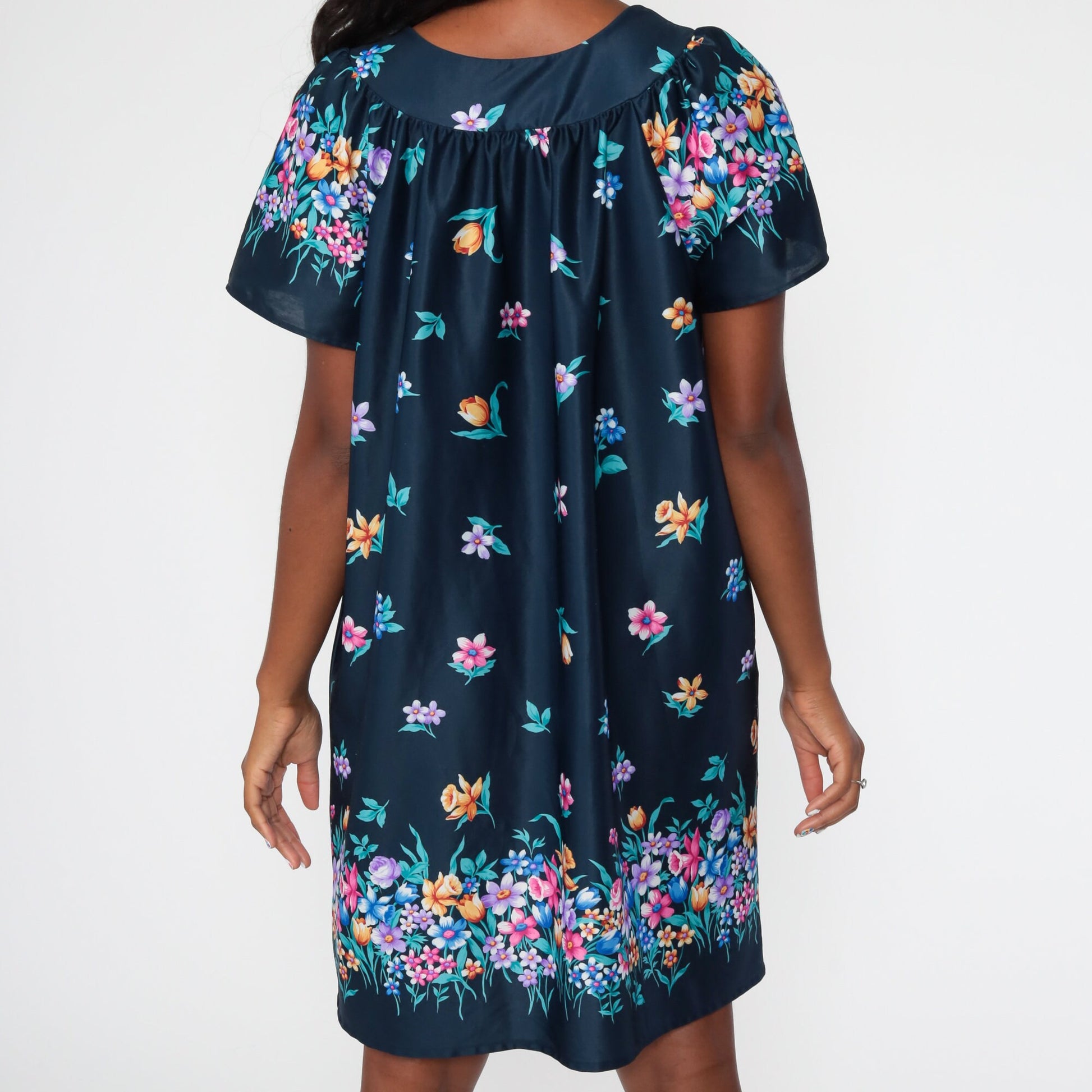 00s Blue Floral Tent Dress Mini Short Sleeve Shift Medium