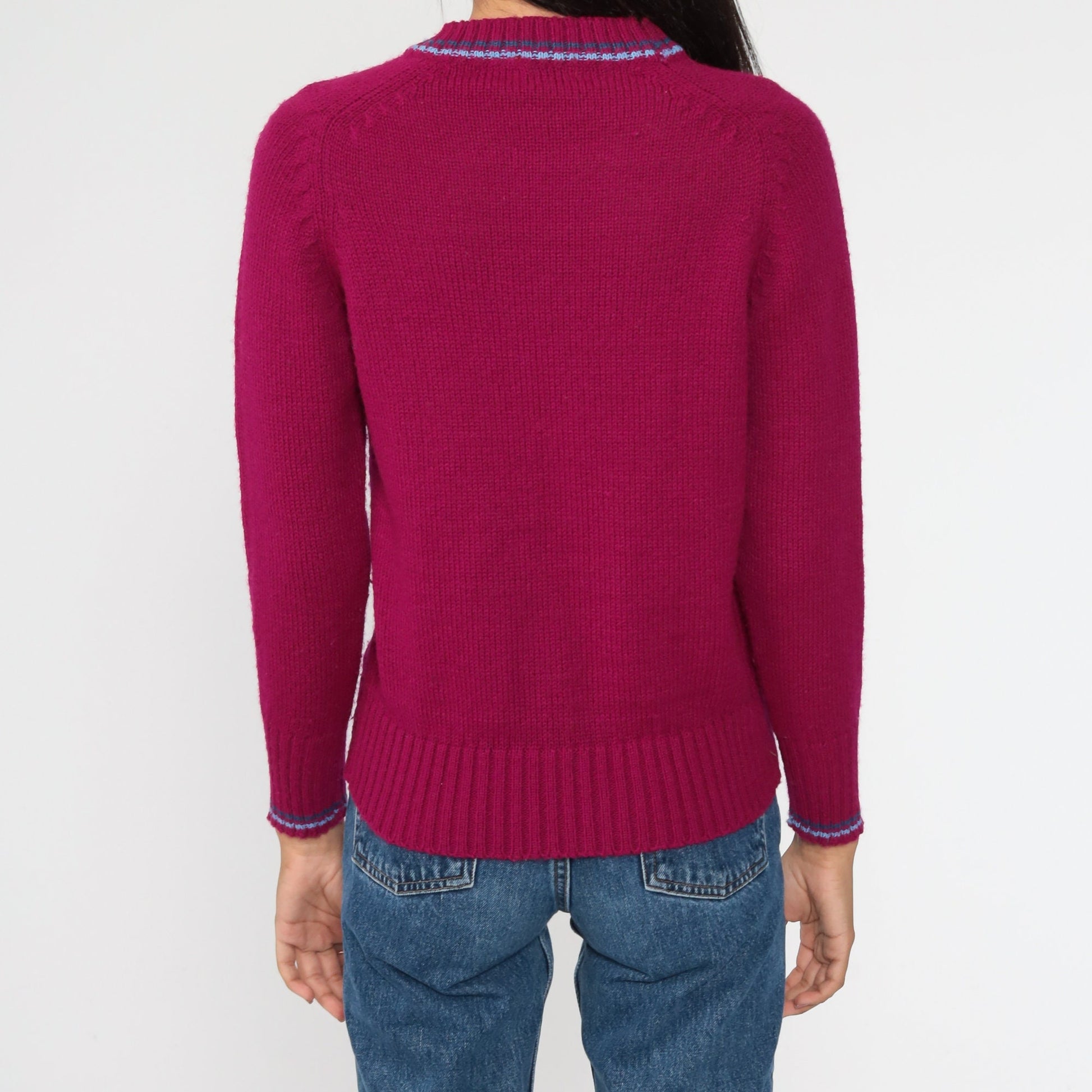 80s Purple Horse Graphic Knit Sweater Ringer Pullover Small