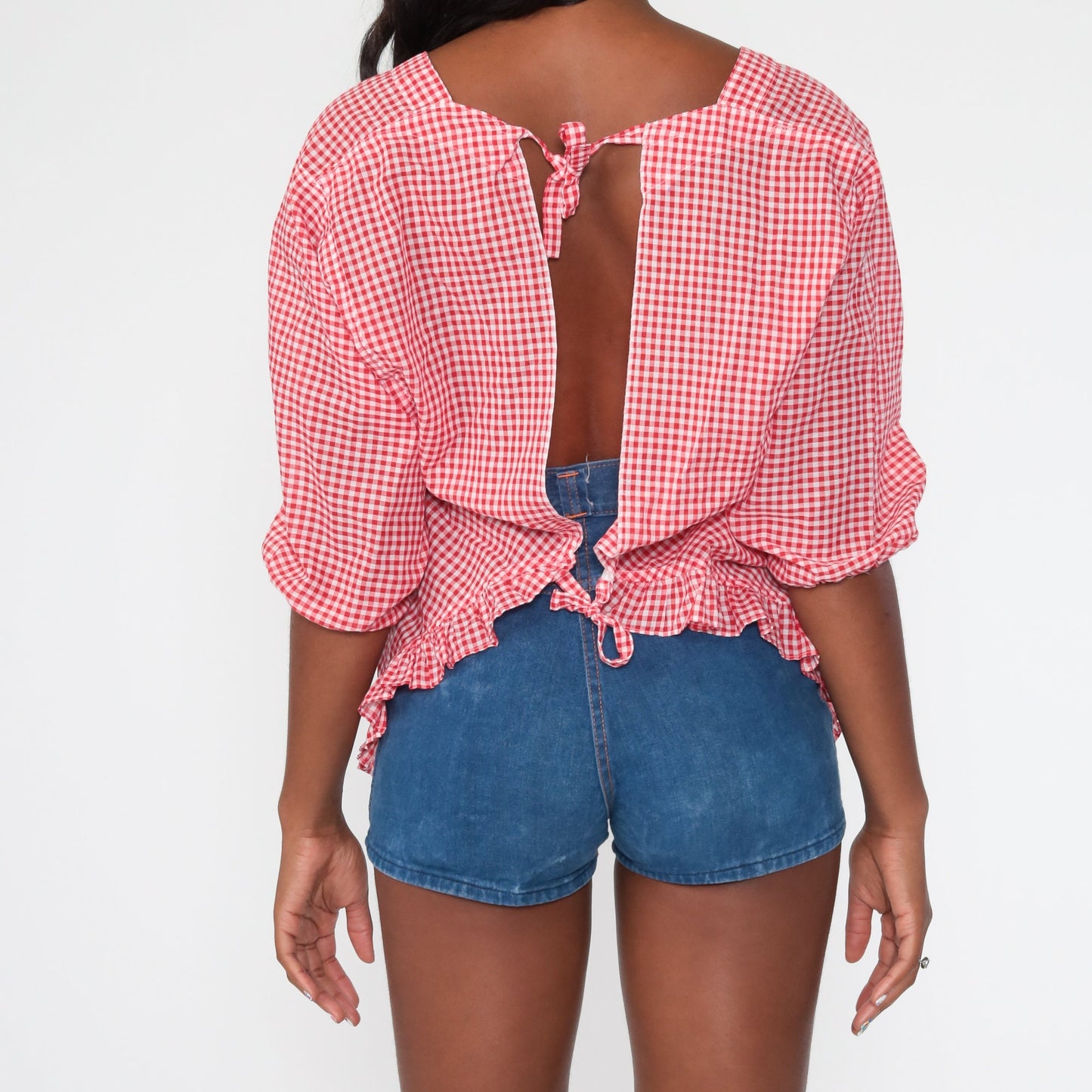 70s Red Gingham Peasant Blouse Open Back Balloon Sleeve Medium Large
