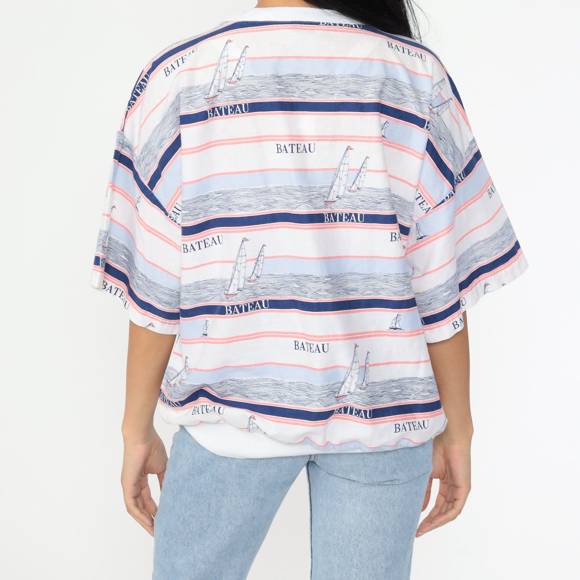 80s Bateau Boat Sailboat Striped Sailor Graphic T-Shirt White Cotton Medium
