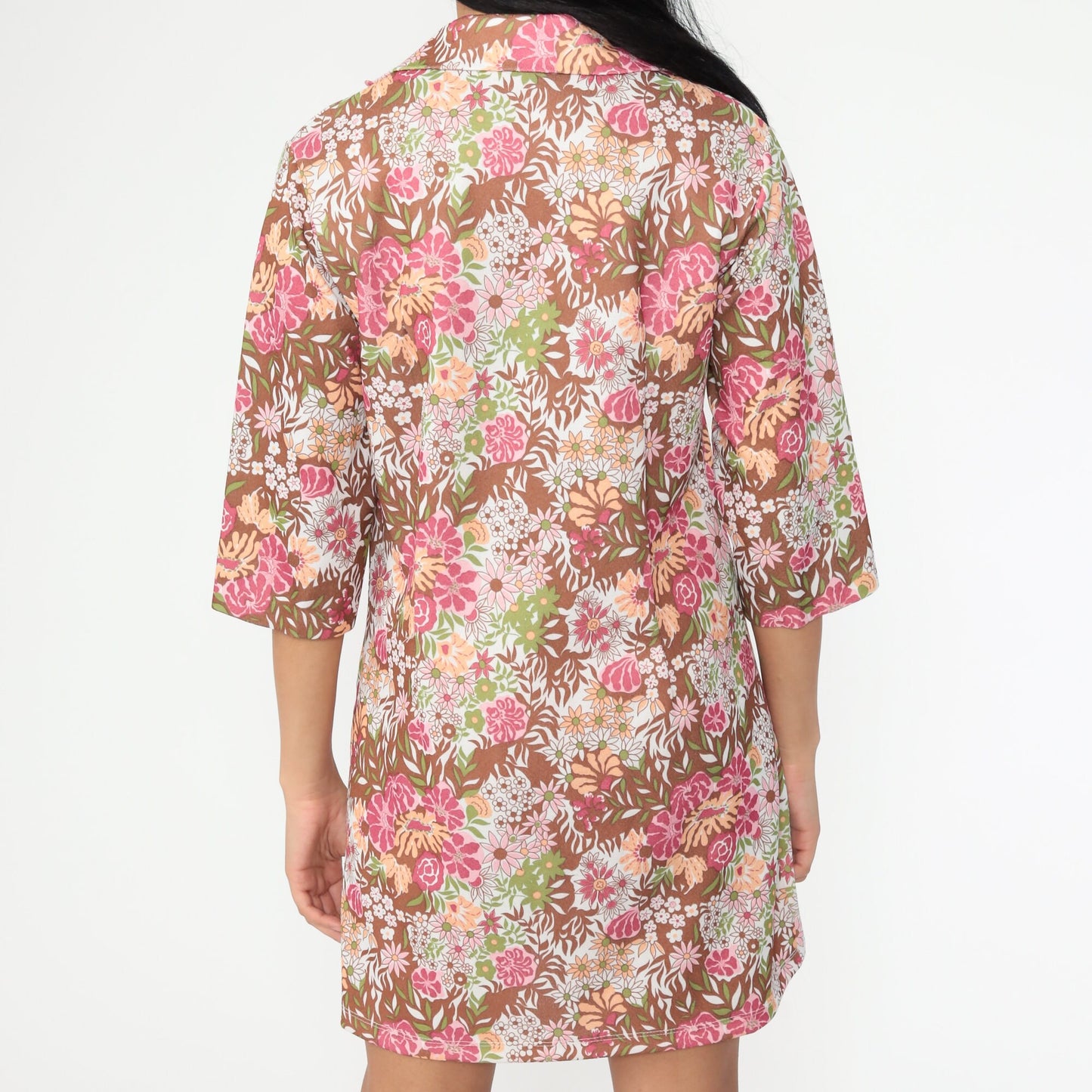 1960s Floral Shift Dress Pink Brown Mini Short Sleeve Medium