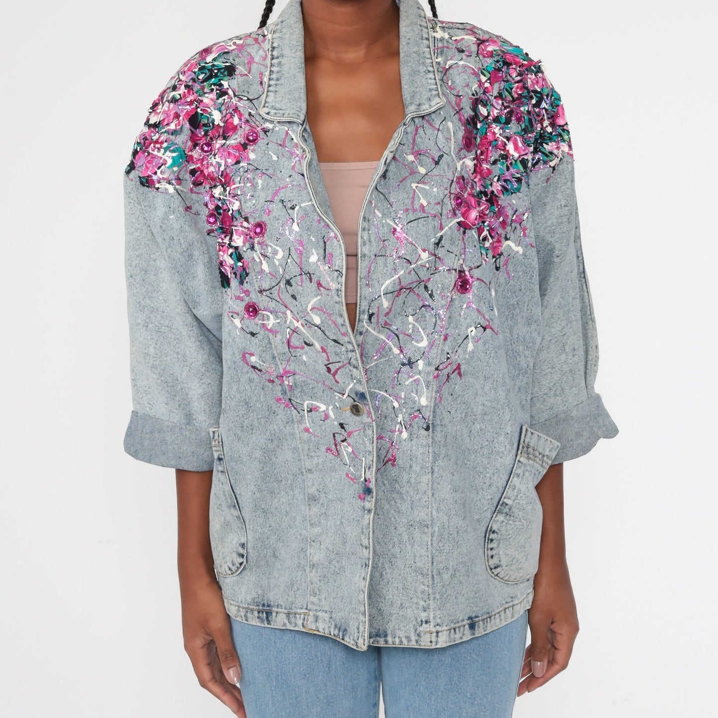 80s Acid Wash Denim Jacket Paint Splatter Glitter Blue Small
