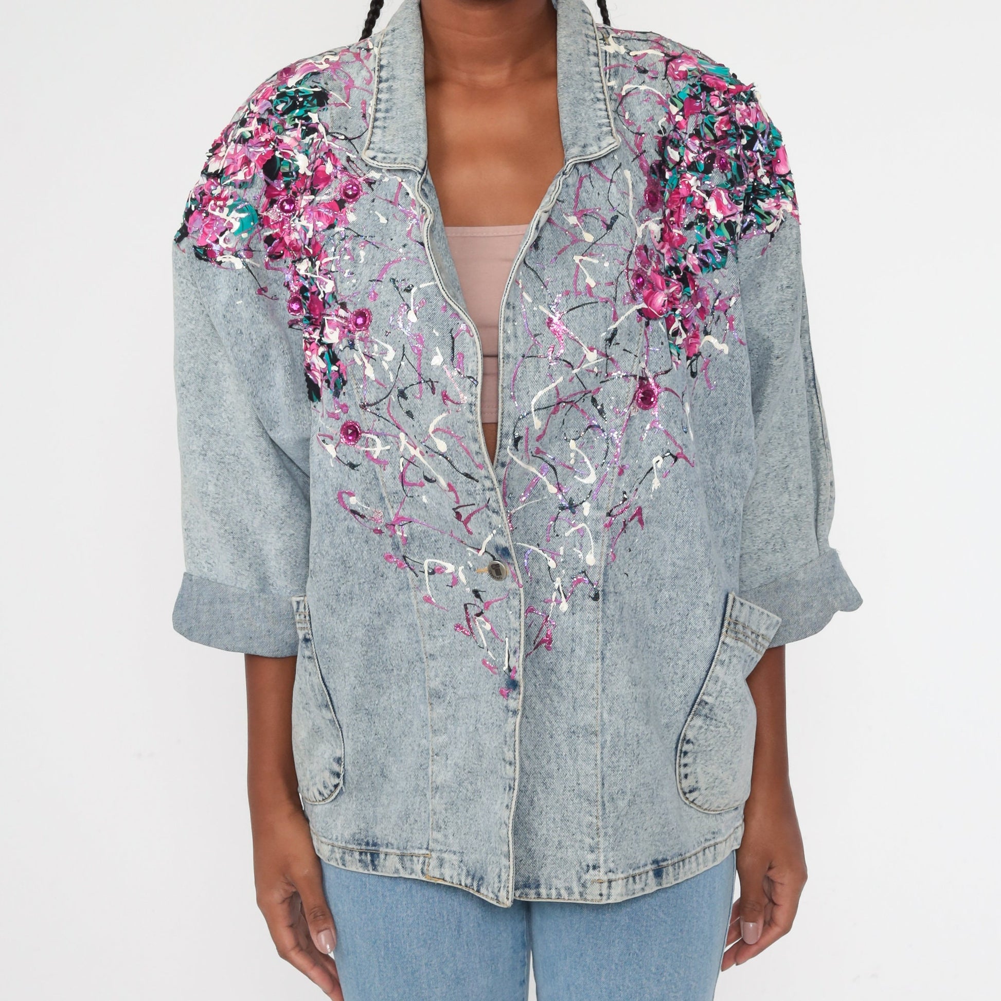 80s Acid Wash Denim Jacket Paint Splatter Glitter Blue Small