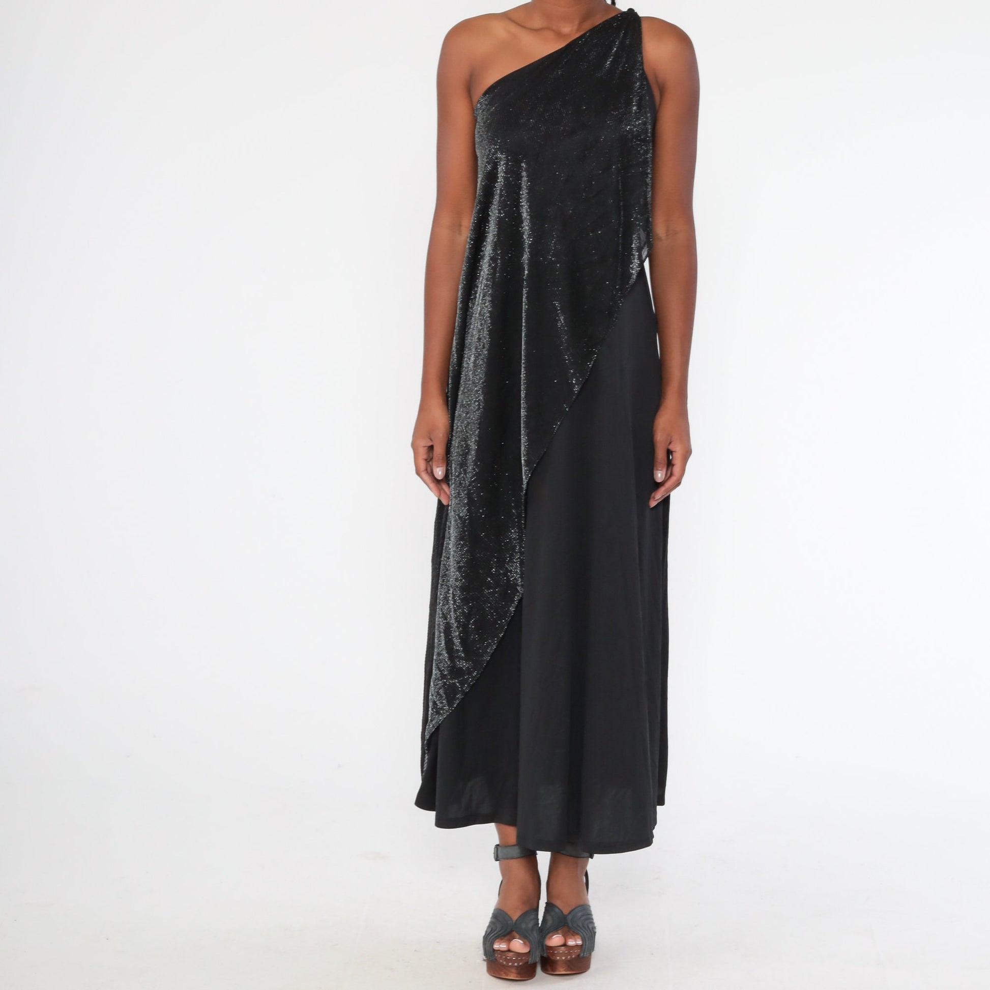 90s Black Metallic One-Shoulder Maxi Dress Draped Glitter Panel Extra Small