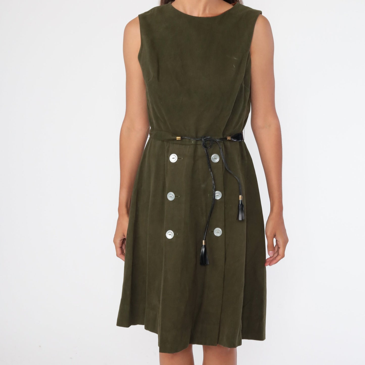 60s Mod Mini Dress Olive Green Faux Suede High Waist Sleeveless Small