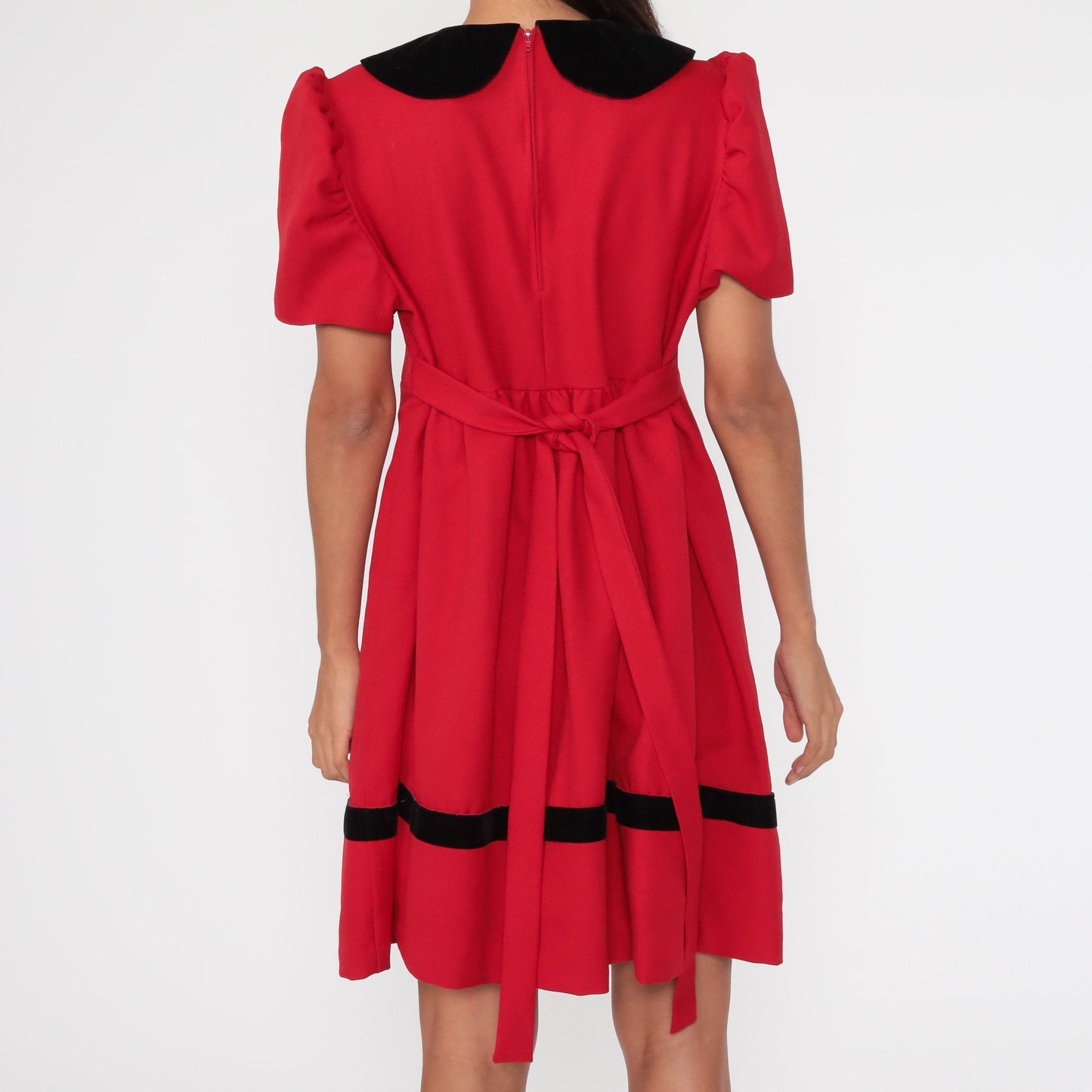 90s Red Midi Dress Peter Pan Collar Puff Sleeve Pleated Large 12