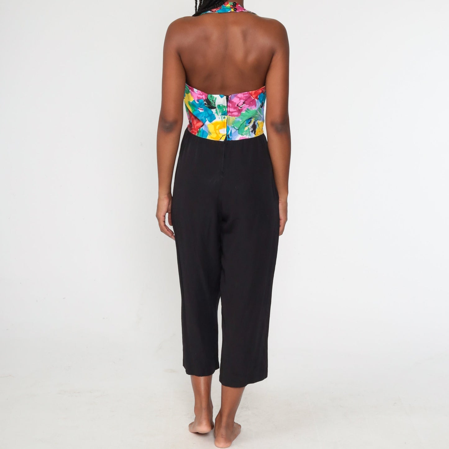 90s Black Floral Halter Jumpsuit Straight Leg Backless Small S