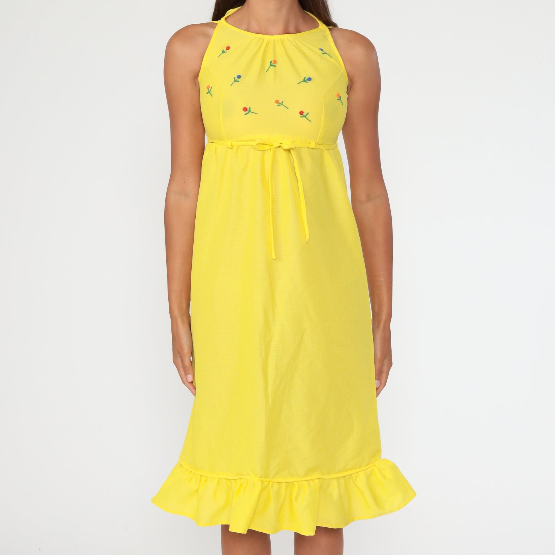 70s Yellow Floral Embroidered Babydoll Dress Empire Waist Midi Sleeveless XXS