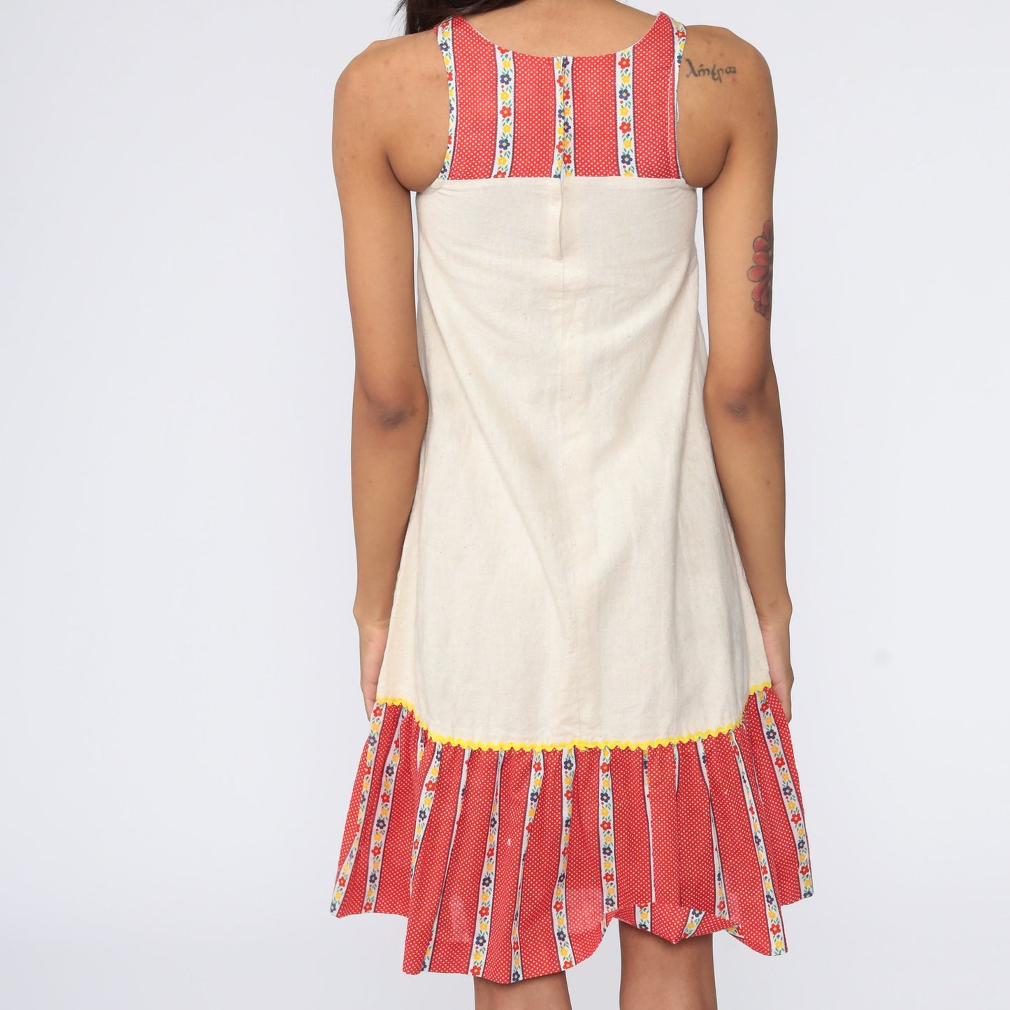 70s Floral Midi Dress Beige Cotton Shift Sleeveless XXS